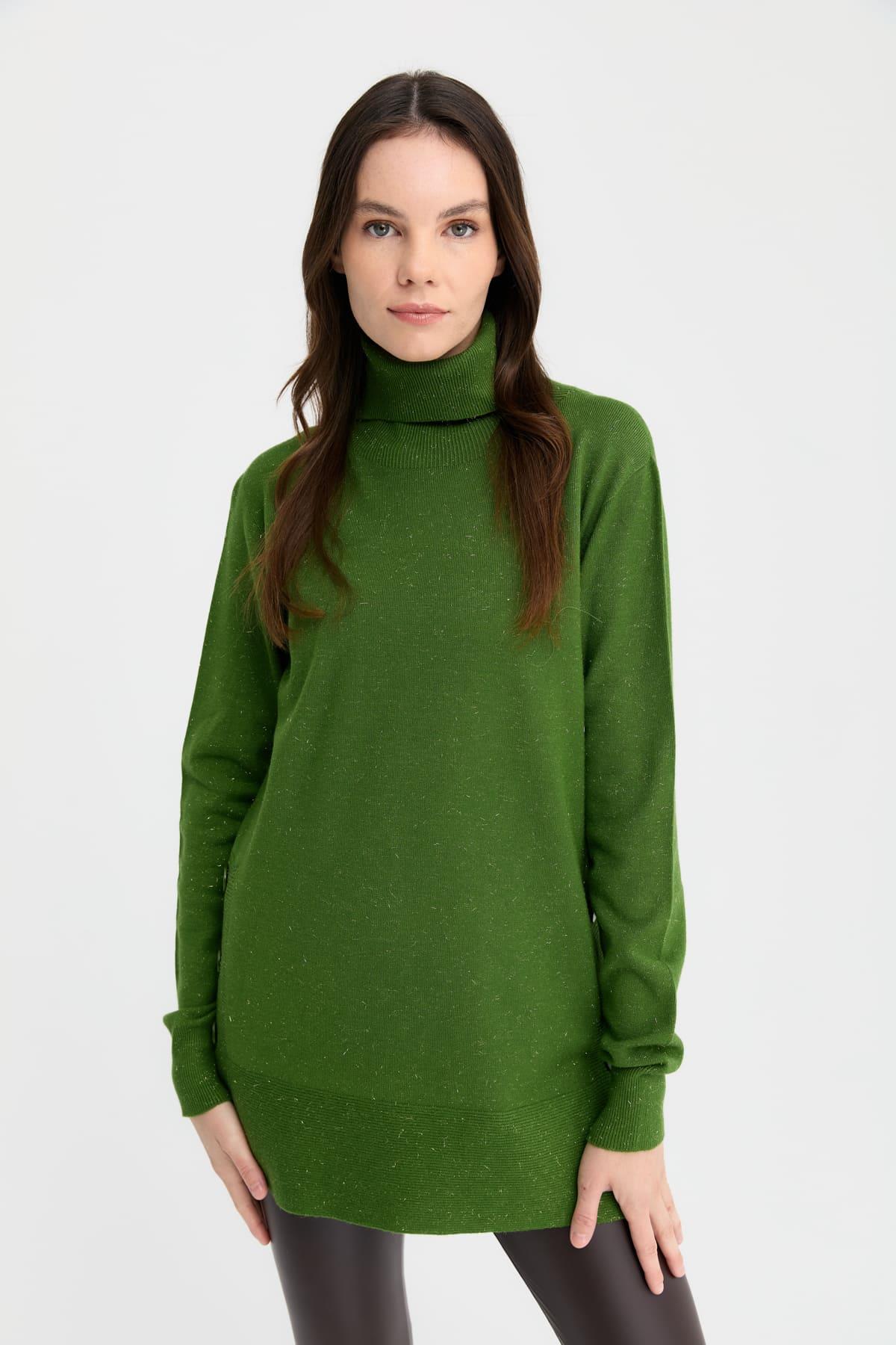 23391Kadın Tam Balıkçı Yaka Dikişsiz Kazak K.Yosun