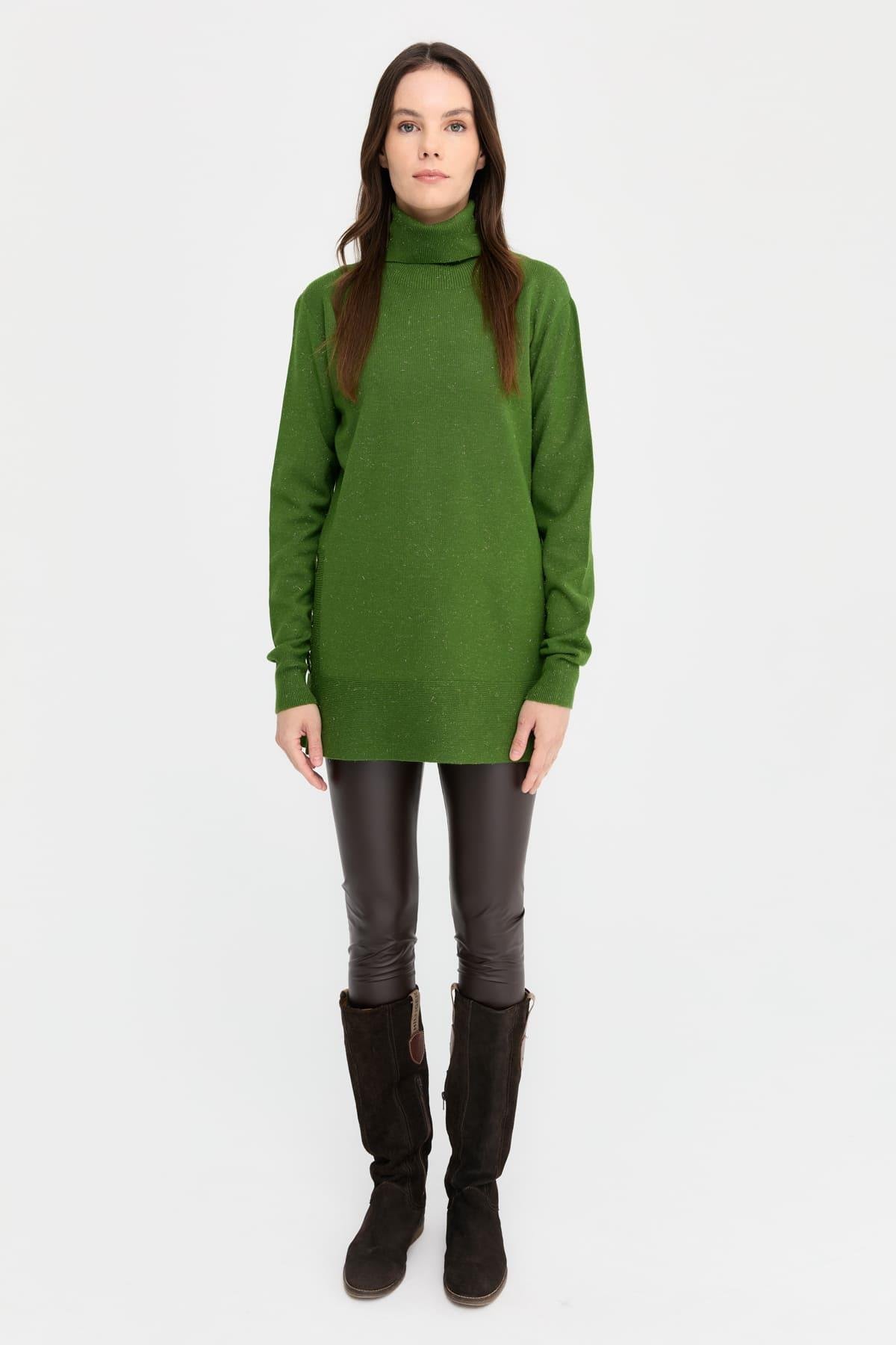 23391Kadın Tam Balıkçı Yaka Dikişsiz Kazak K.Yosun