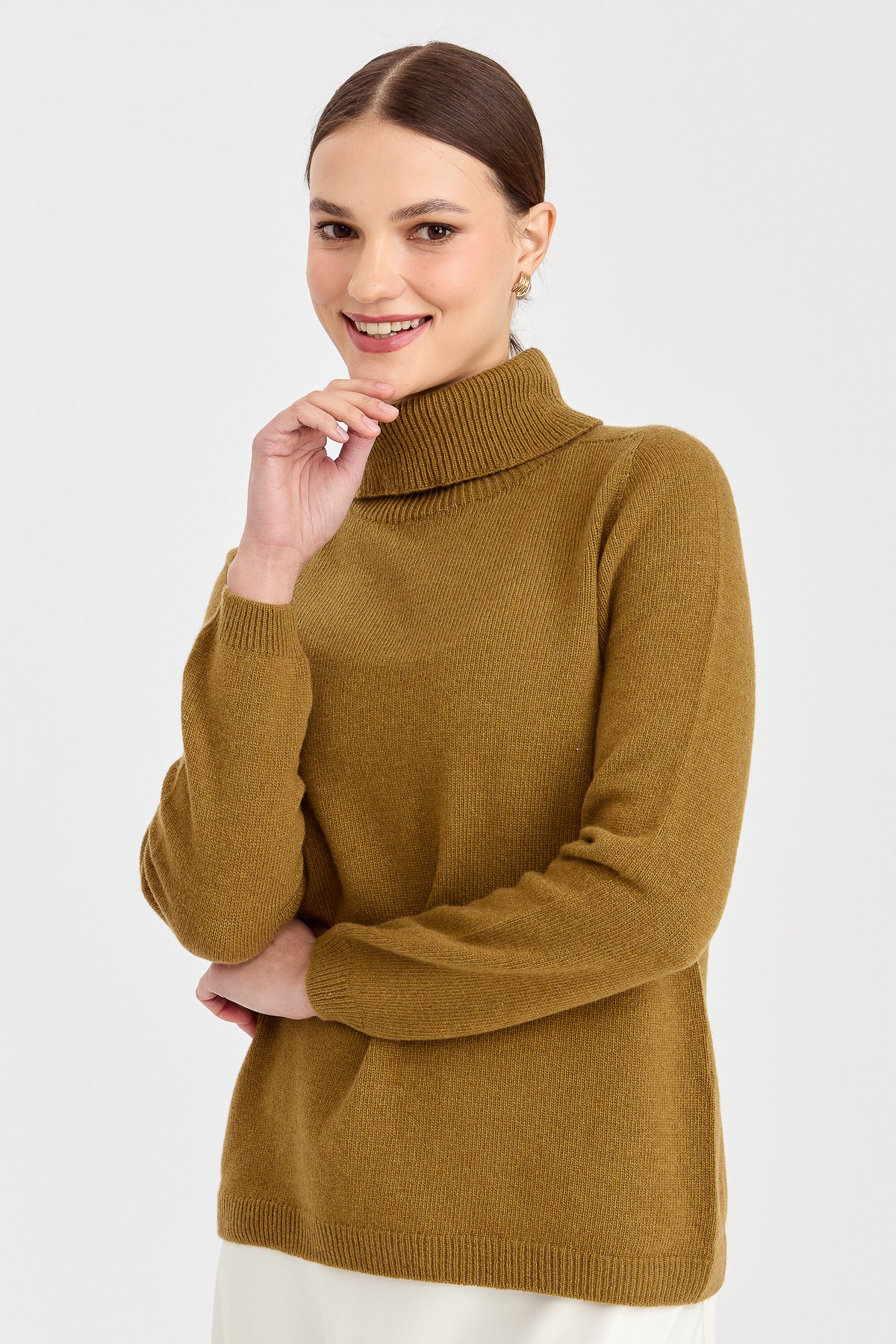 23164Kadın Tam Balıkçı Yaka Klasik Yün Kazak O.Haki