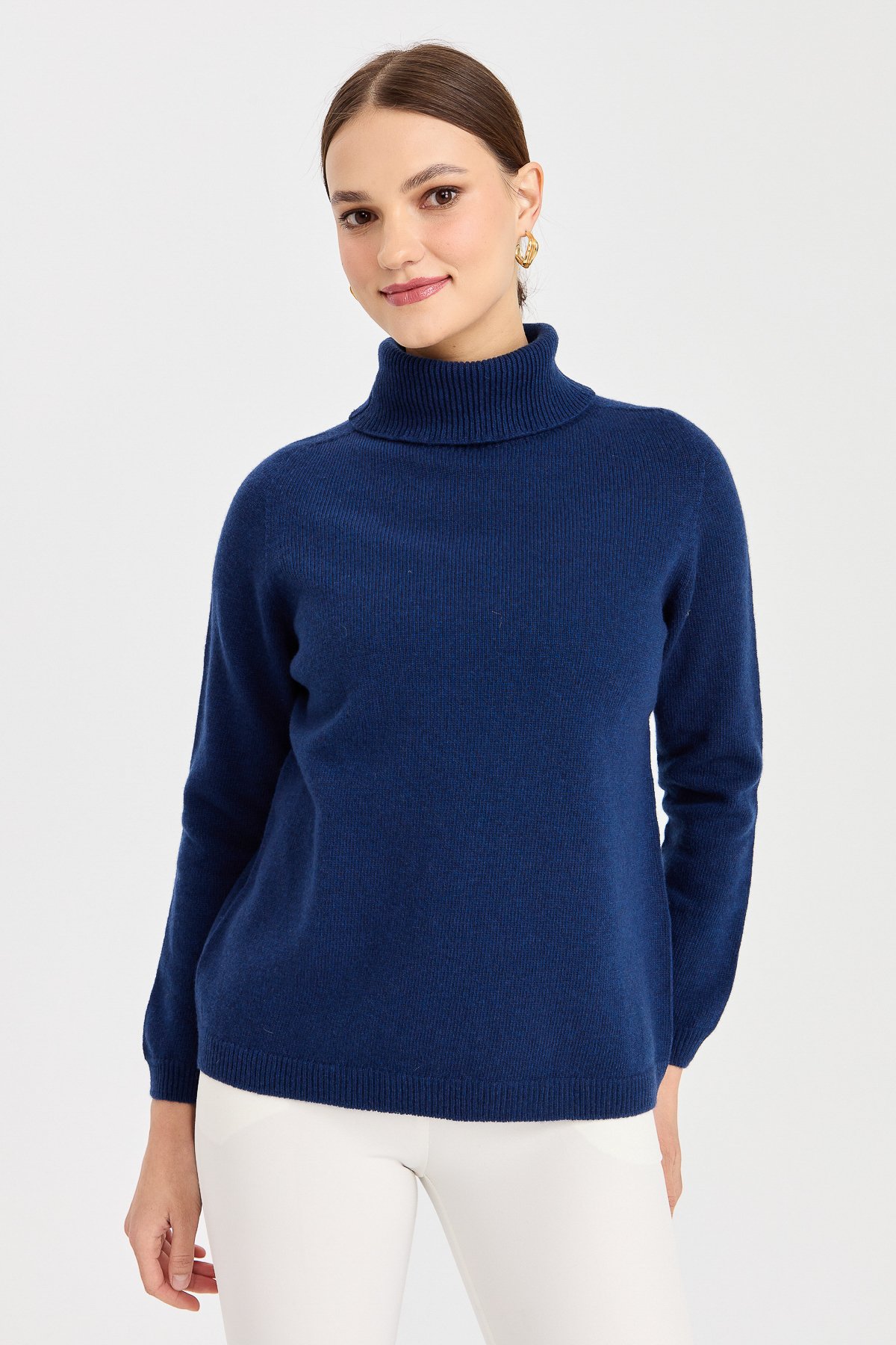 23164Kadın Tam Balıkçı Yaka Klasik Yün Kazak İndigo
