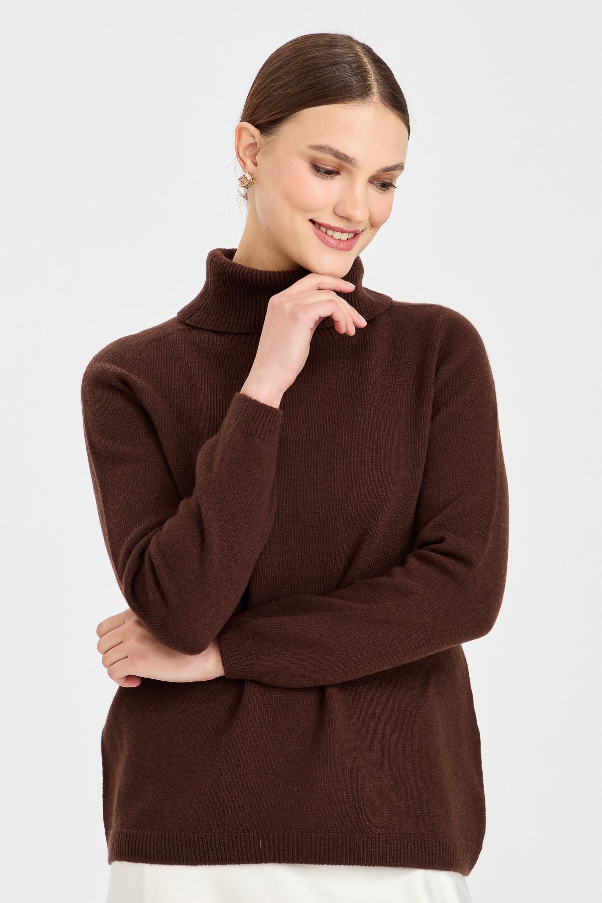 23164Kadın Tam Balıkçı Yaka Klasik Yün Kazak M.Kahve