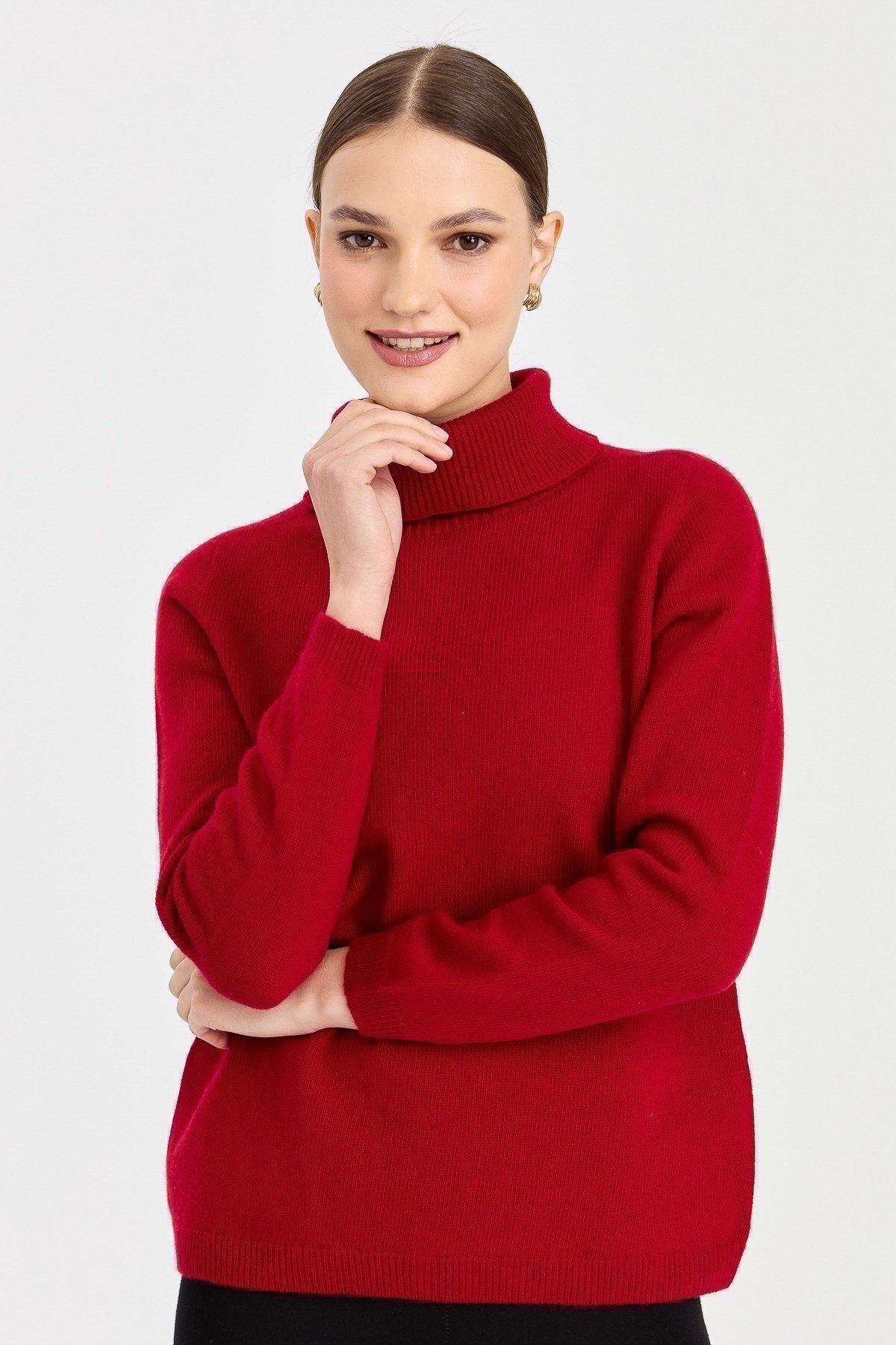23164Kadın Tam Balıkçı Yaka Klasik Yün Kazak K.Kırmızı