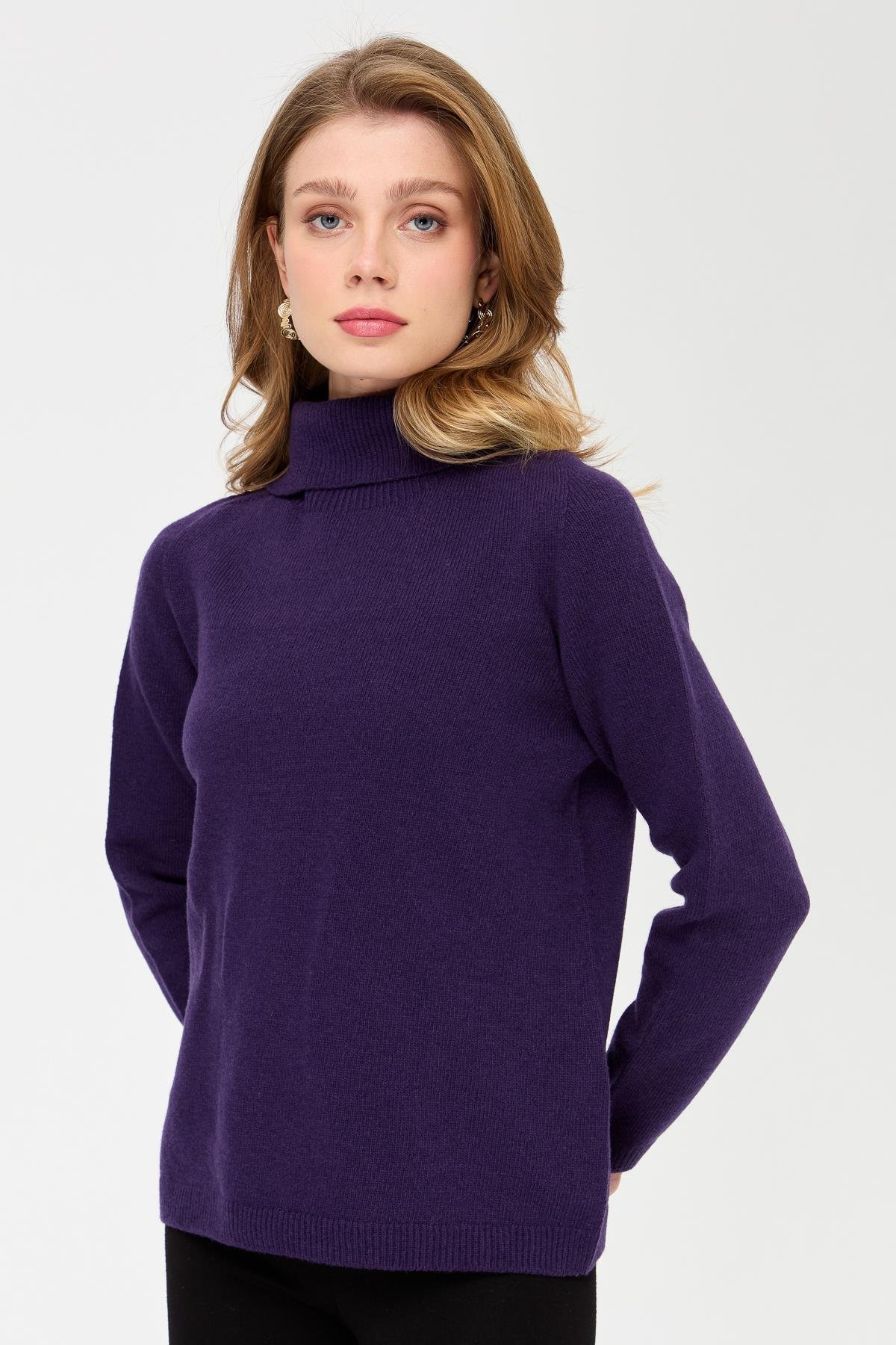 23164Kadın Tam Balıkçı Yaka Klasik Yün Kazak K.Mor