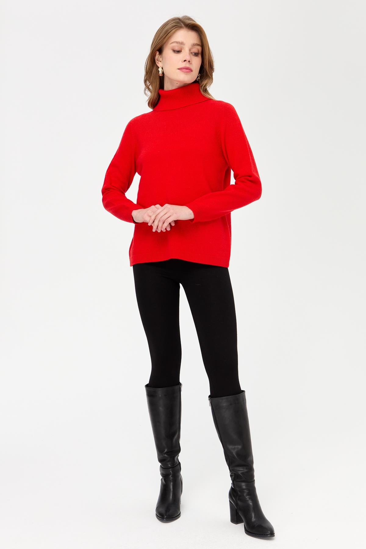 23164Kadın Tam Balıkçı Yaka Klasik Yün Kazak Mercan