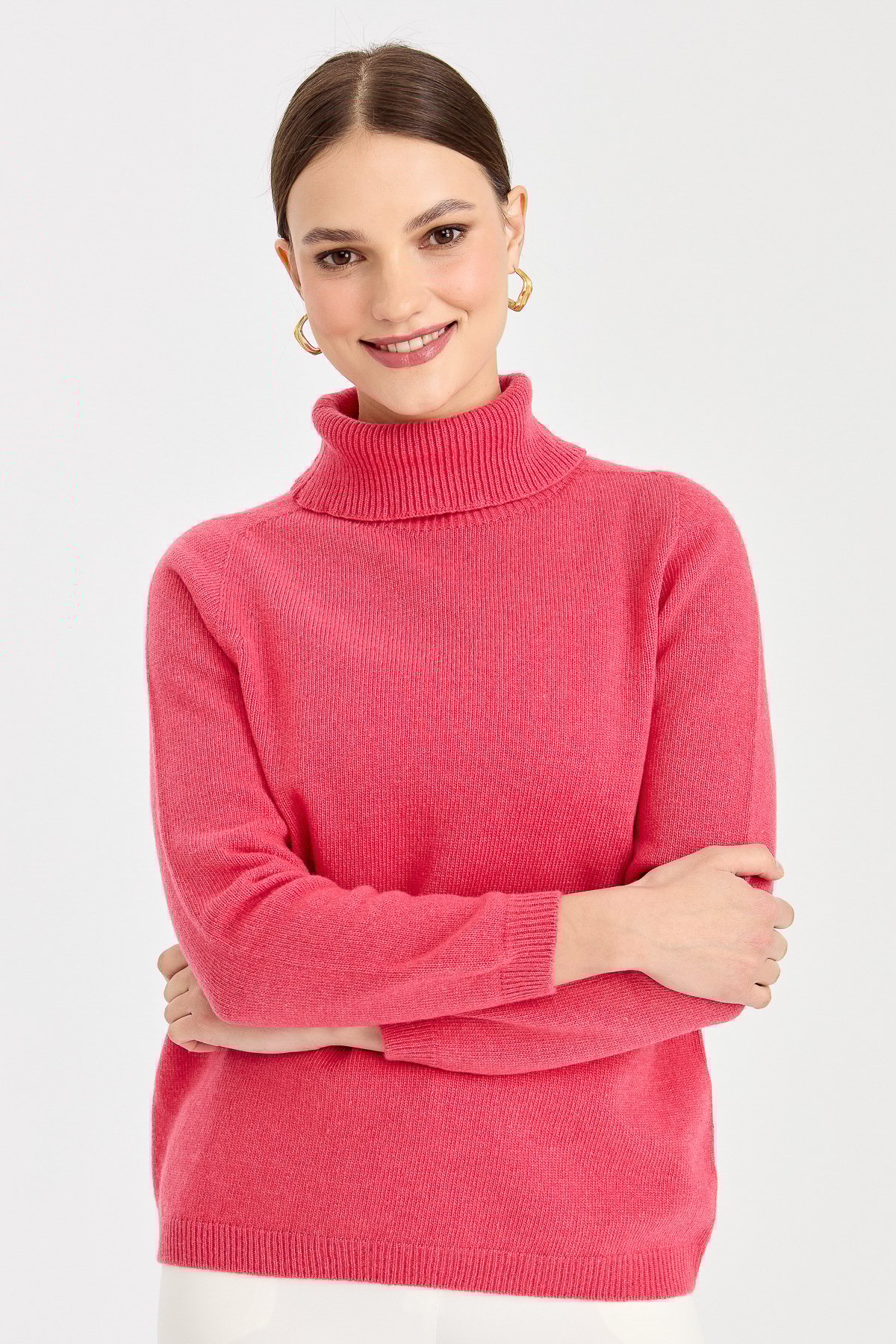 23164Kadın Tam Balıkçı Yaka Klasik Yün Kazak Y.Ş.Pembe