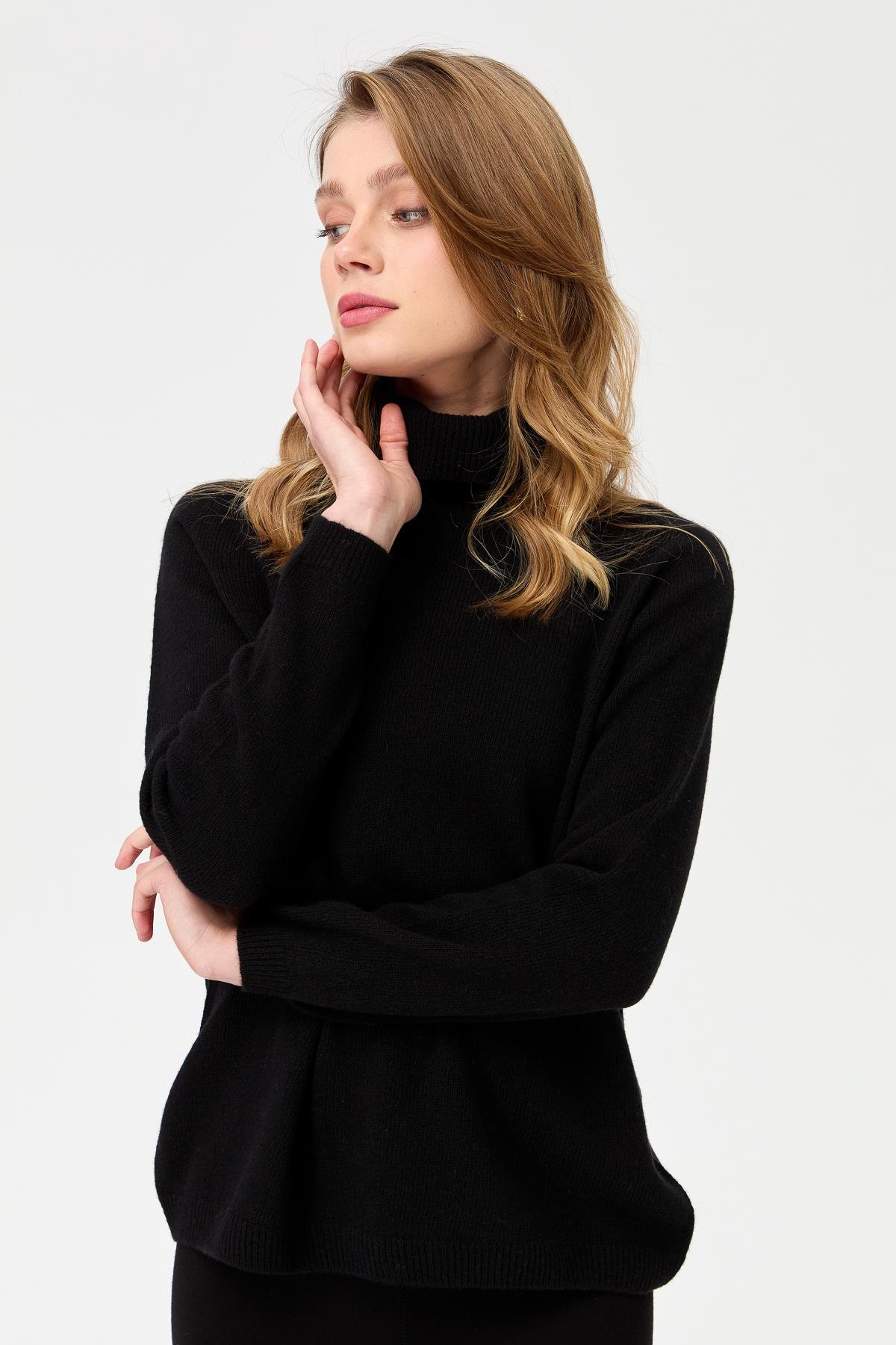 23164Kadın Tam Balıkçı Yaka Klasik Yün Kazak Siyah