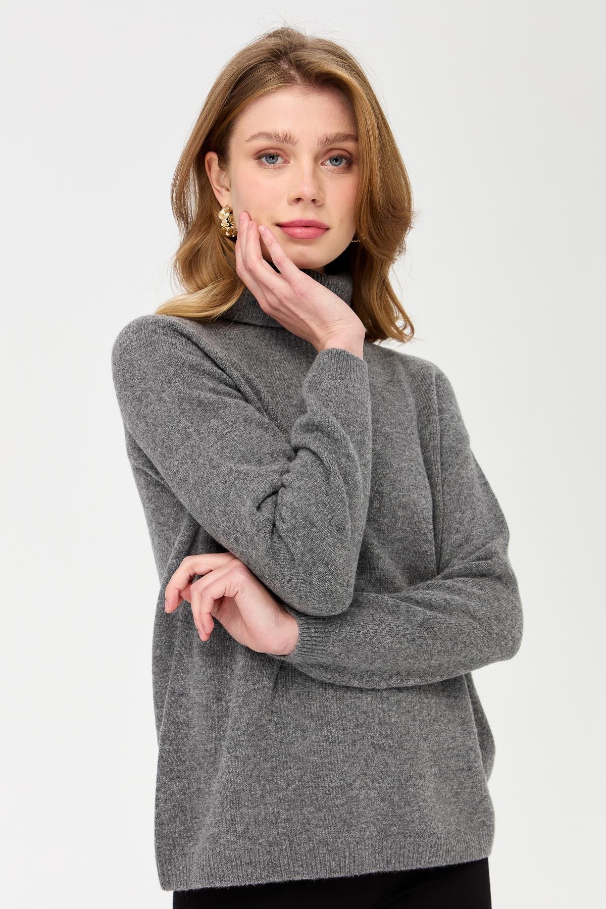 23164Kadın Tam Balıkçı Yaka Klasik Yün Kazak Füme