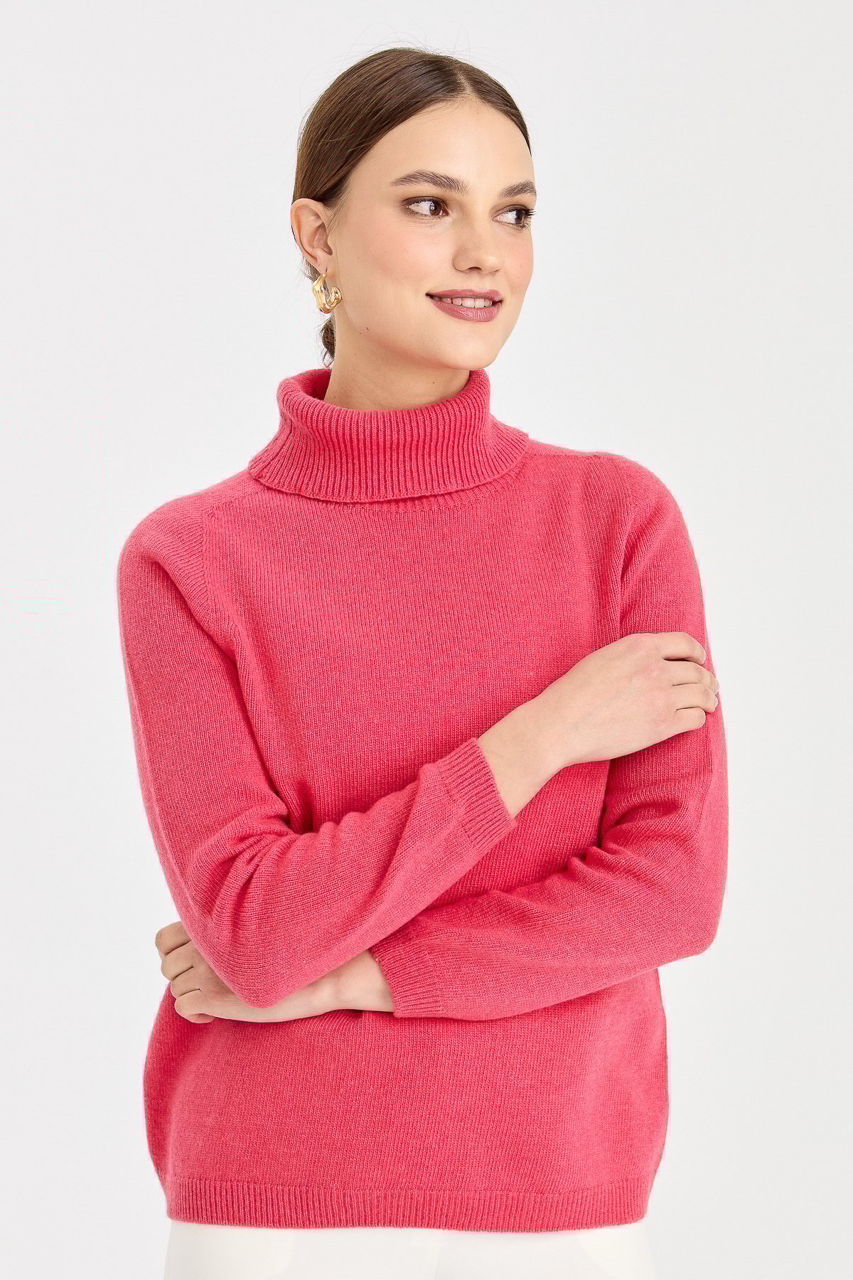 23164Kadın Tam Balıkçı Yaka Klasik Yün Kazak Y.Ş.Pembe