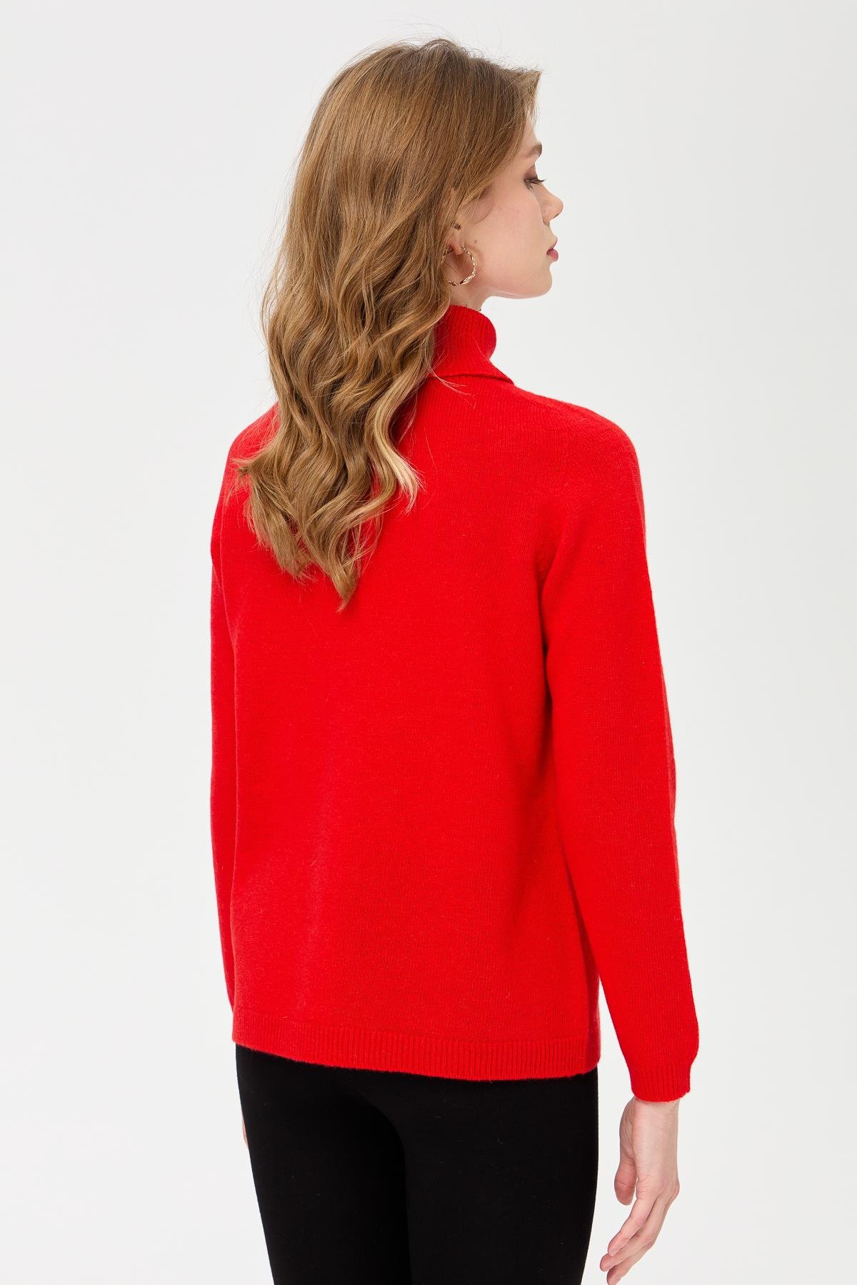 23164Kadın Tam Balıkçı Yaka Klasik Yün Kazak Mercan