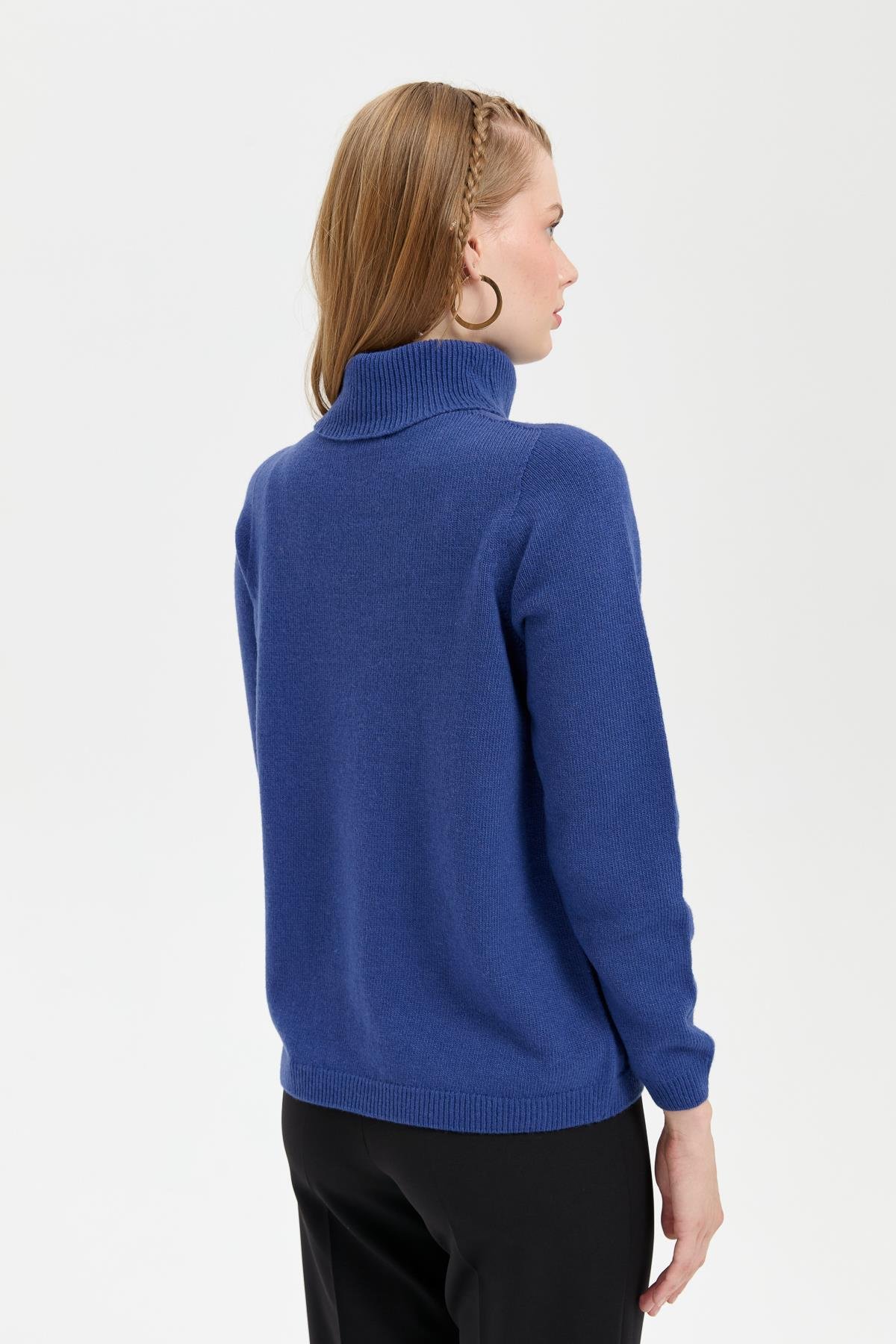 23164Kadın Tam Balıkçı Yaka Klasik Yün Kazak Mavi