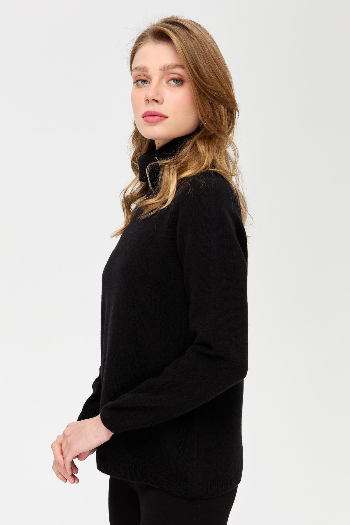 23164Kadın Tam Balıkçı Yaka Klasik Yün Kazak Siyah