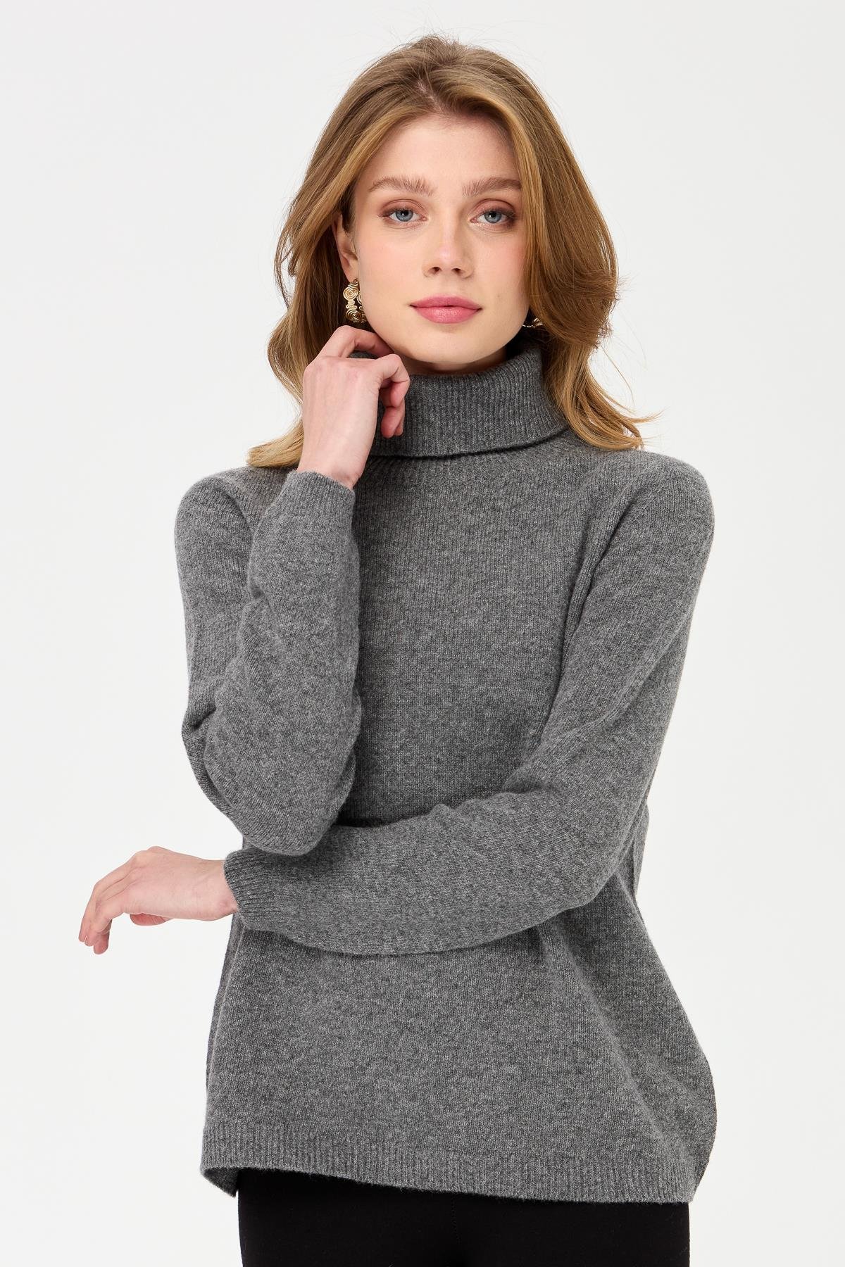 23164Kadın Tam Balıkçı Yaka Klasik Yün Kazak Füme