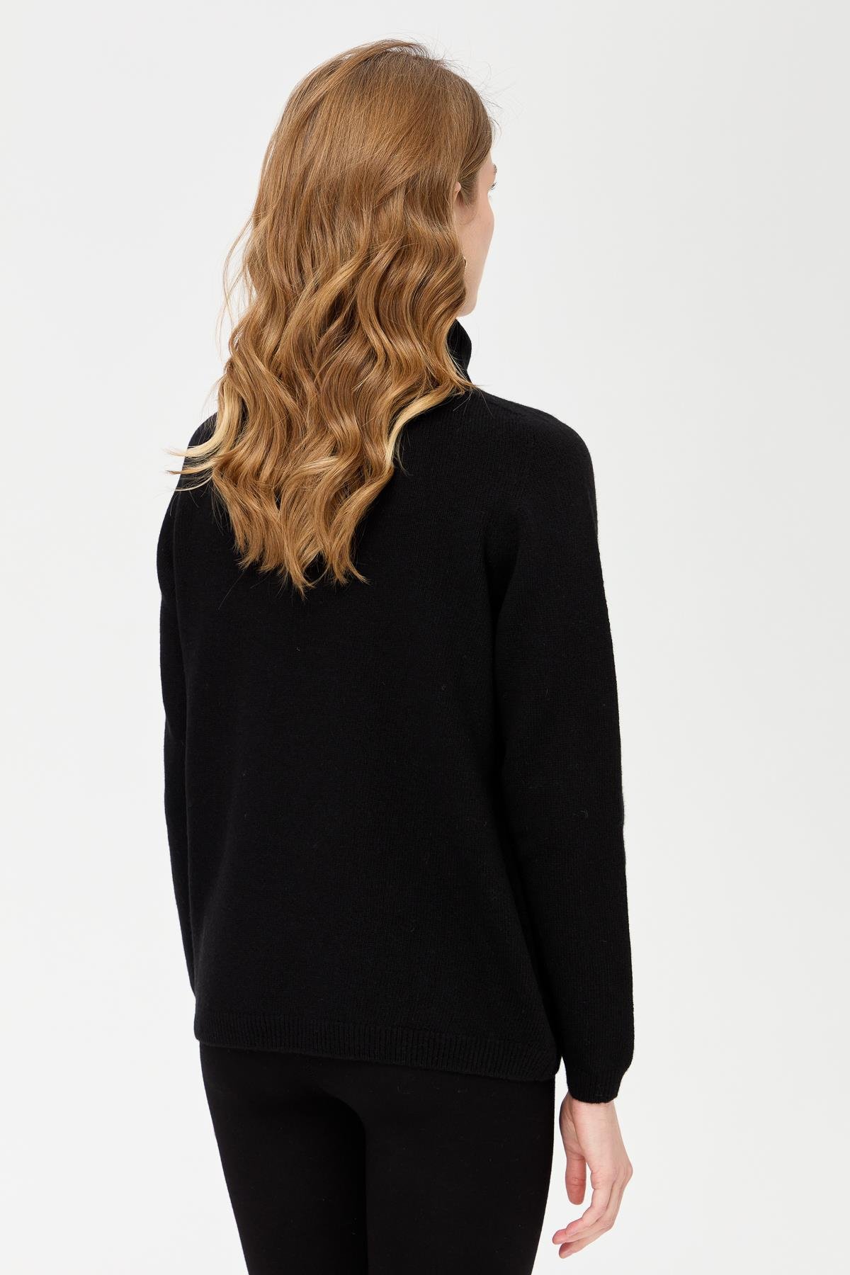 23164Kadın Tam Balıkçı Yaka Klasik Yün Kazak Siyah