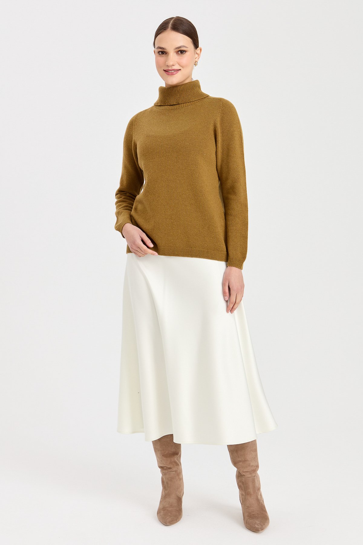 23164Kadın Tam Balıkçı Yaka Klasik Yün Kazak O.Haki