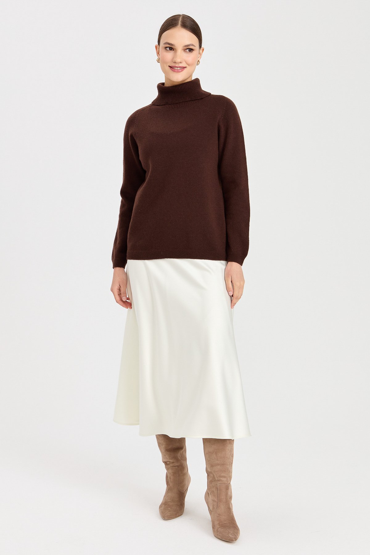 23164Kadın Tam Balıkçı Yaka Klasik Yün Kazak M.Kahve