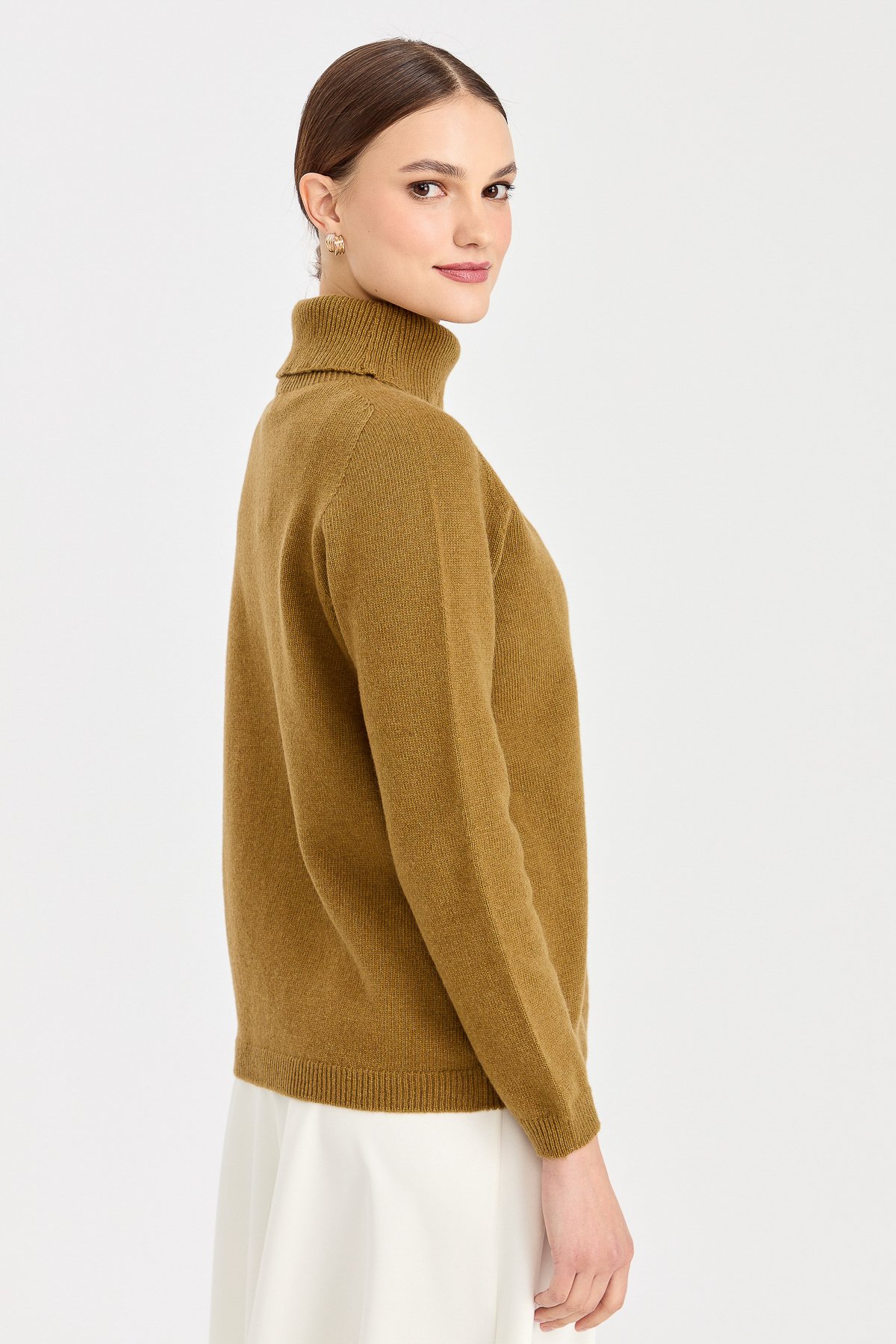 23164Kadın Tam Balıkçı Yaka Klasik Yün Kazak O.Haki