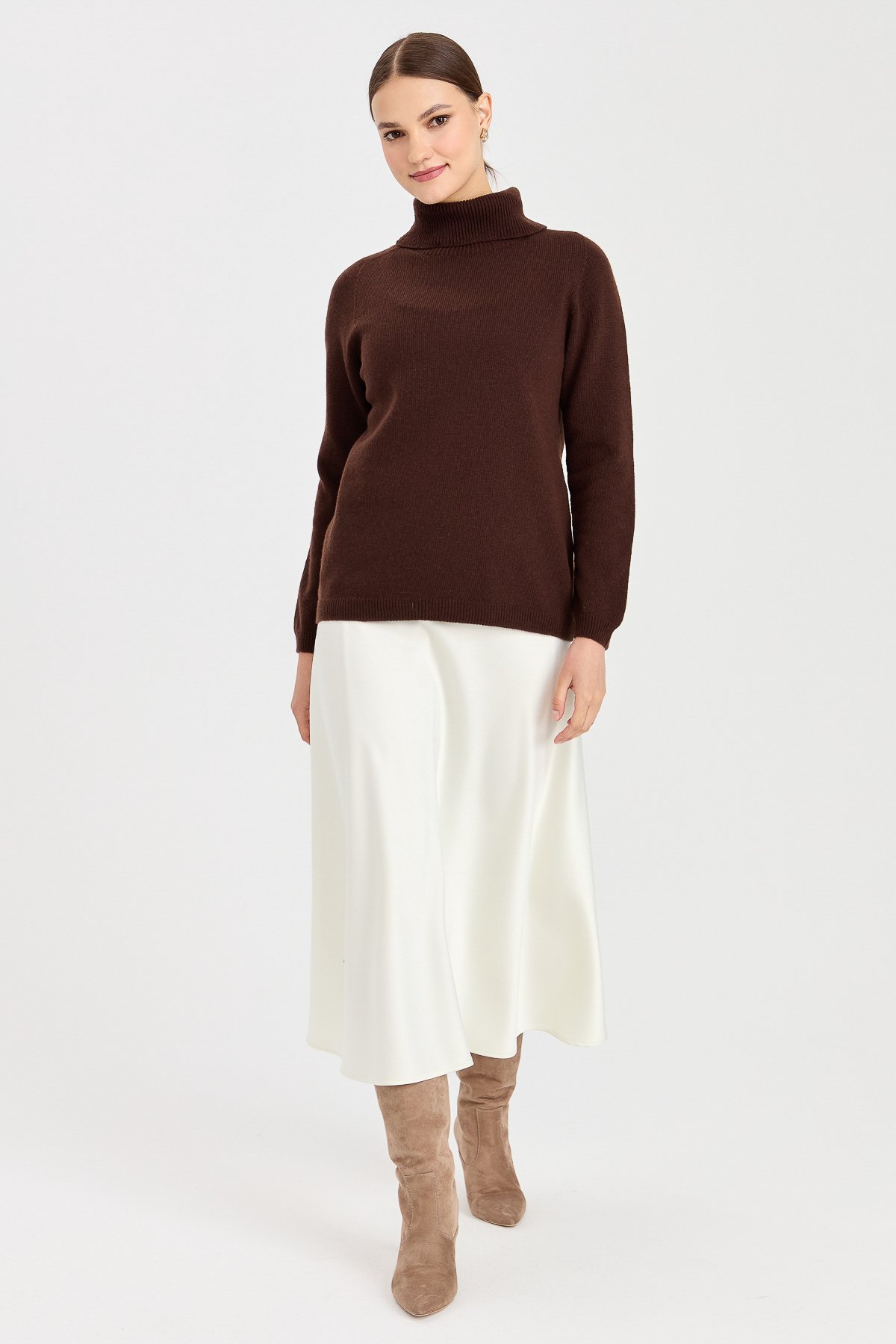 23164Kadın Tam Balıkçı Yaka Klasik Yün Kazak M.Kahve