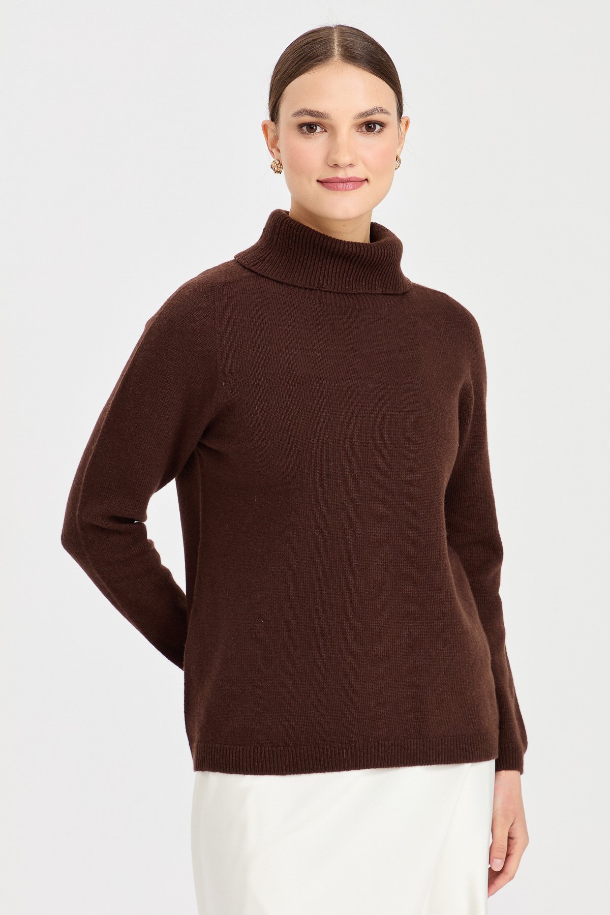 23164Kadın Tam Balıkçı Yaka Klasik Yün Kazak M.Kahve