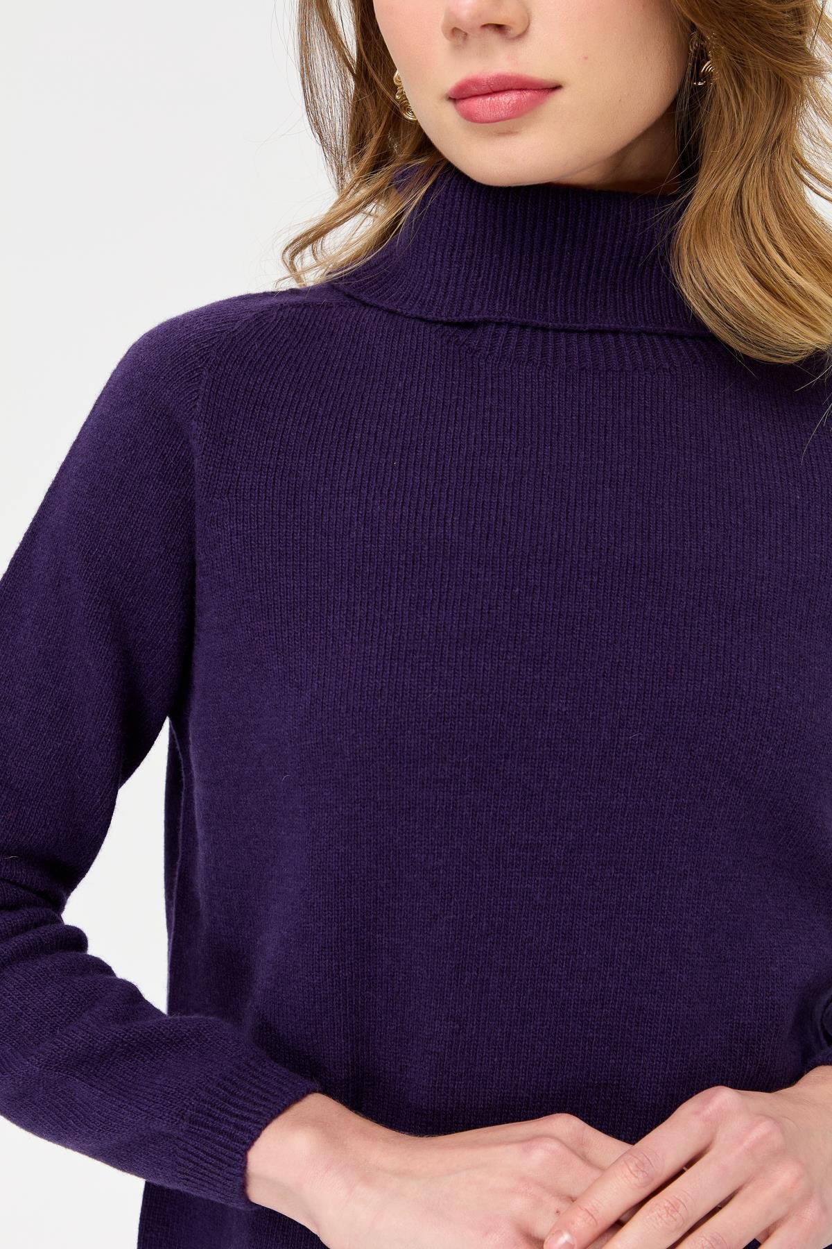 23164Kadın Tam Balıkçı Yaka Klasik Yün Kazak K.Mor