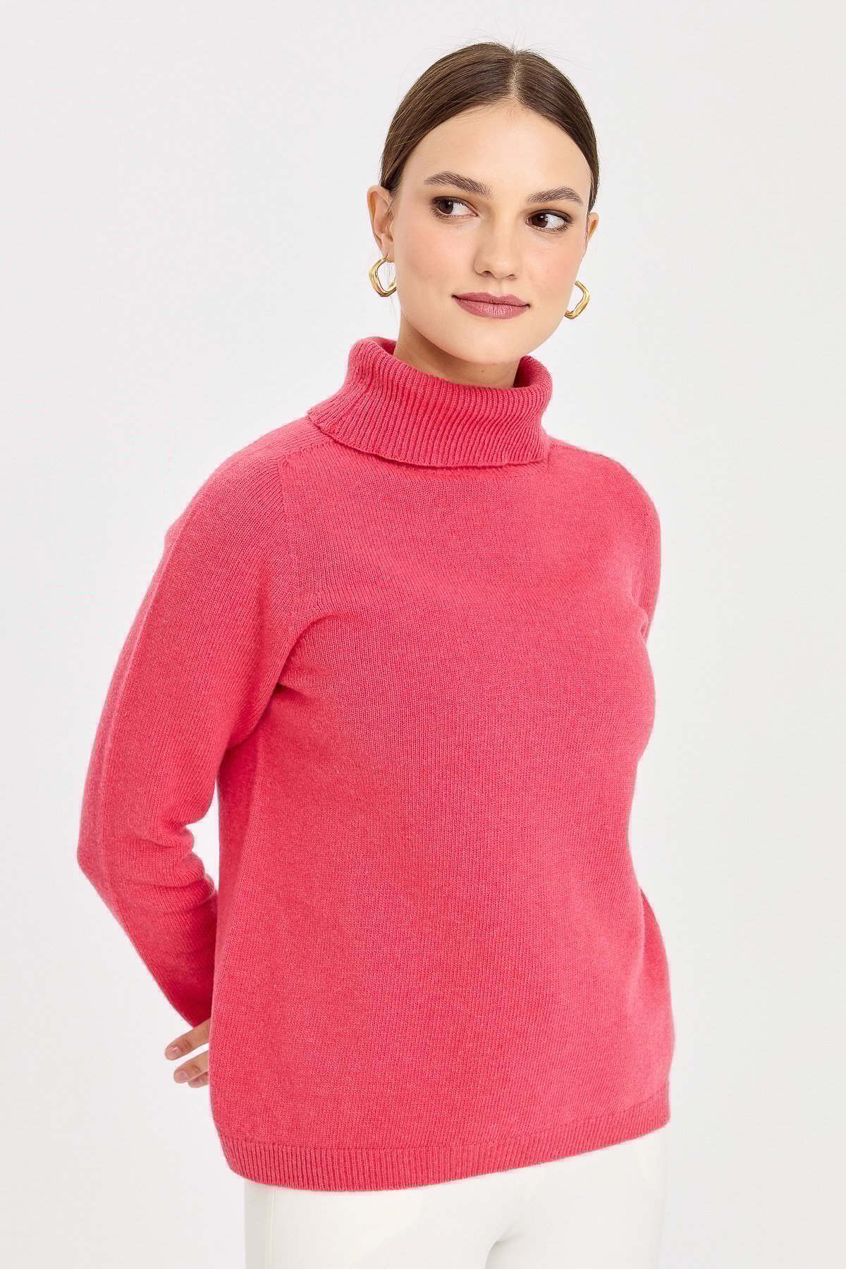 23164Kadın Tam Balıkçı Yaka Klasik Yün Kazak Y.Ş.Pembe