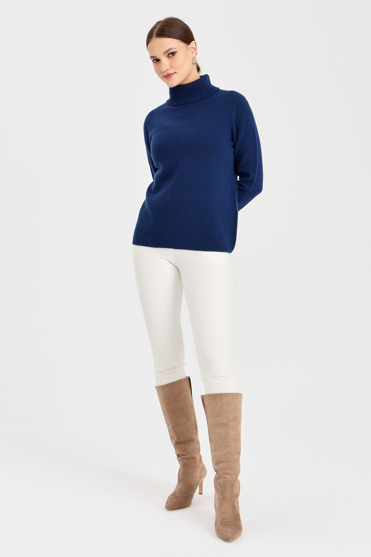 23164Kadın Tam Balıkçı Yaka Klasik Yün Kazak İndigo