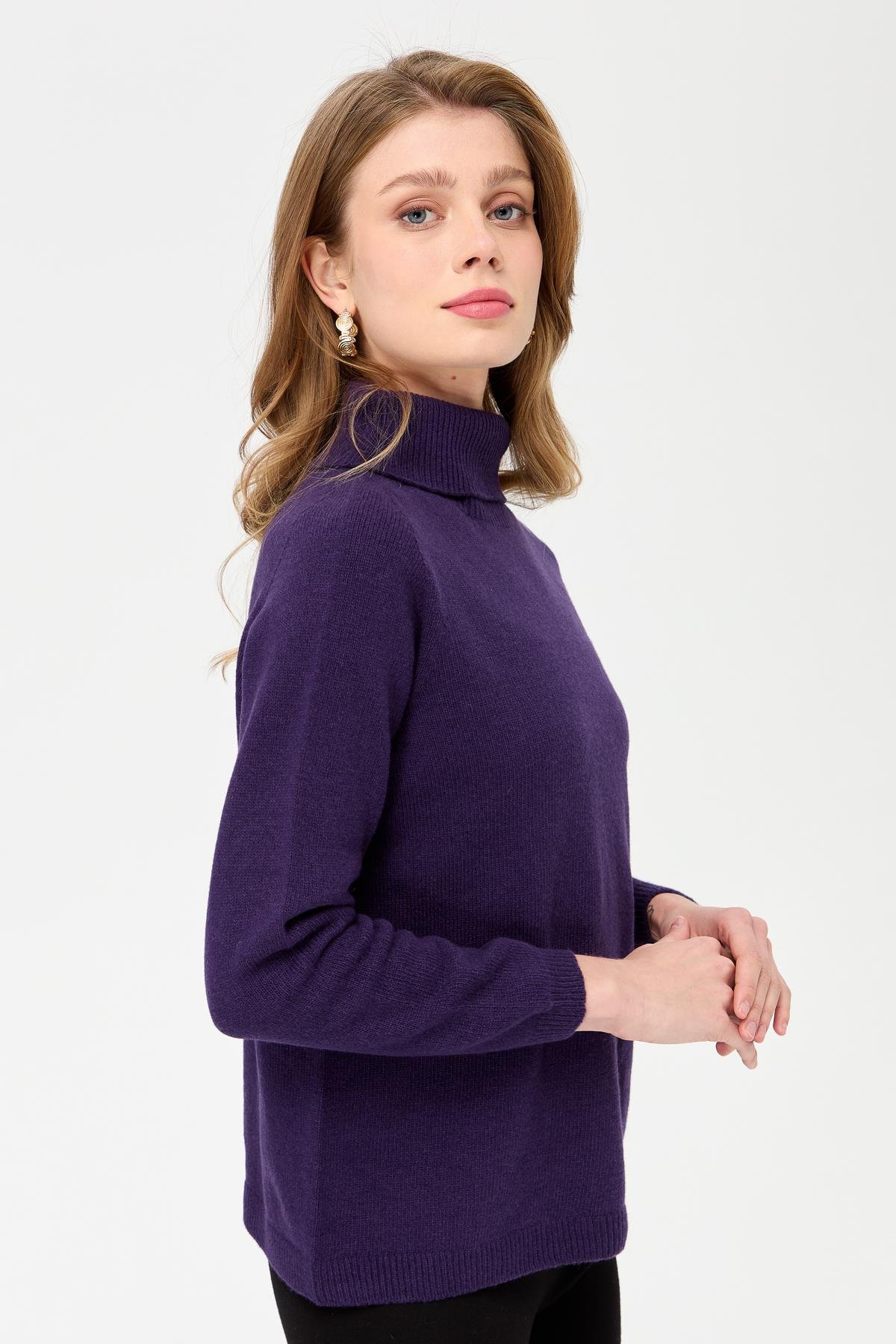 23164Kadın Tam Balıkçı Yaka Klasik Yün Kazak K.Mor