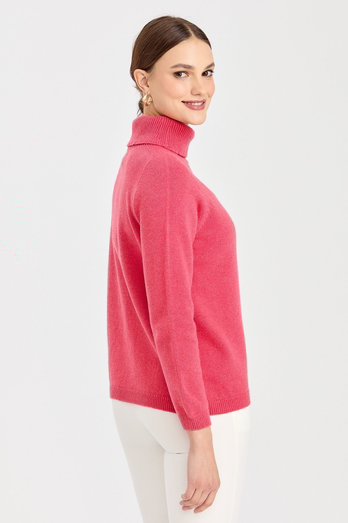 23164Kadın Tam Balıkçı Yaka Klasik Yün Kazak Y.Ş.Pembe