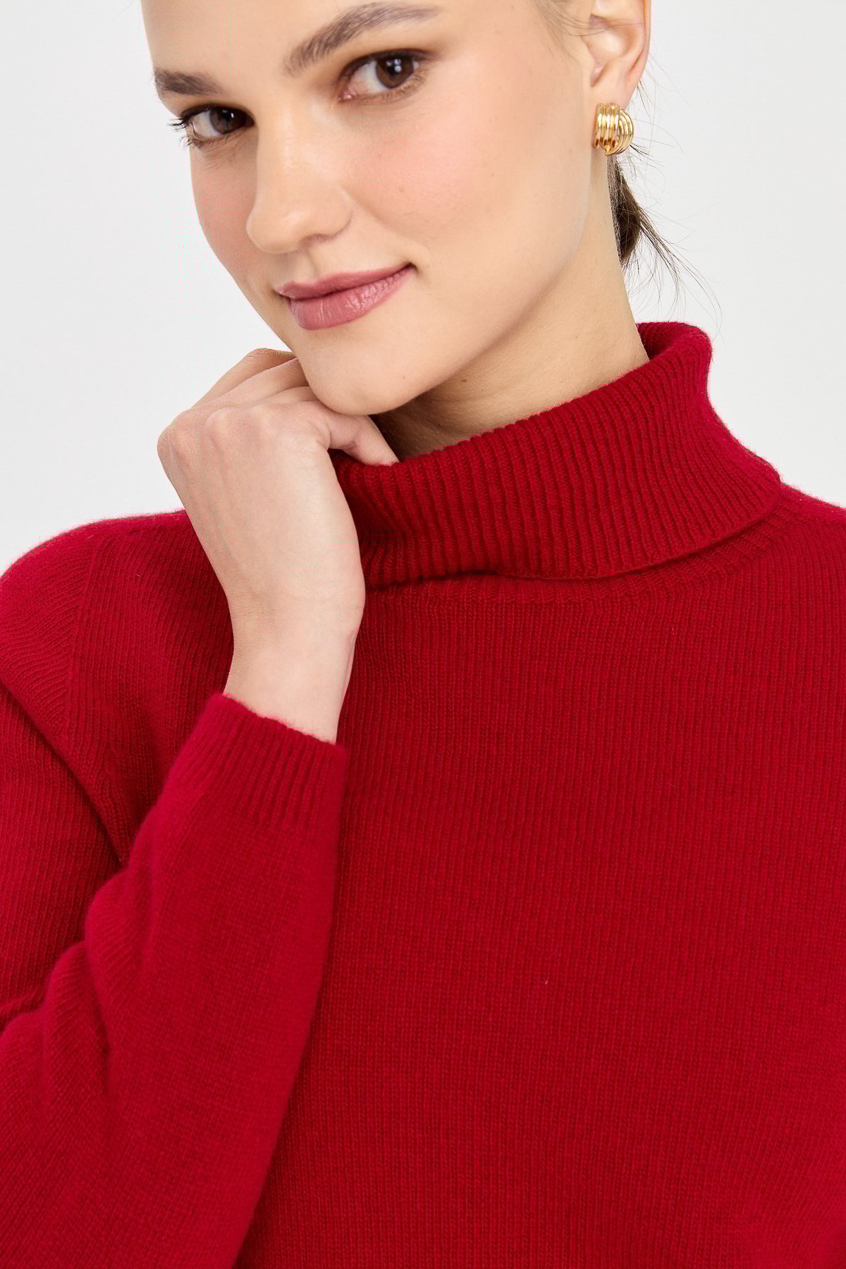 23164Kadın Tam Balıkçı Yaka Klasik Yün Kazak K.Kırmızı