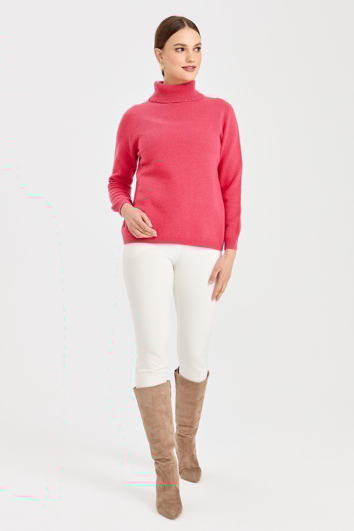 23164Kadın Tam Balıkçı Yaka Klasik Yün Kazak Y.Ş.Pembe