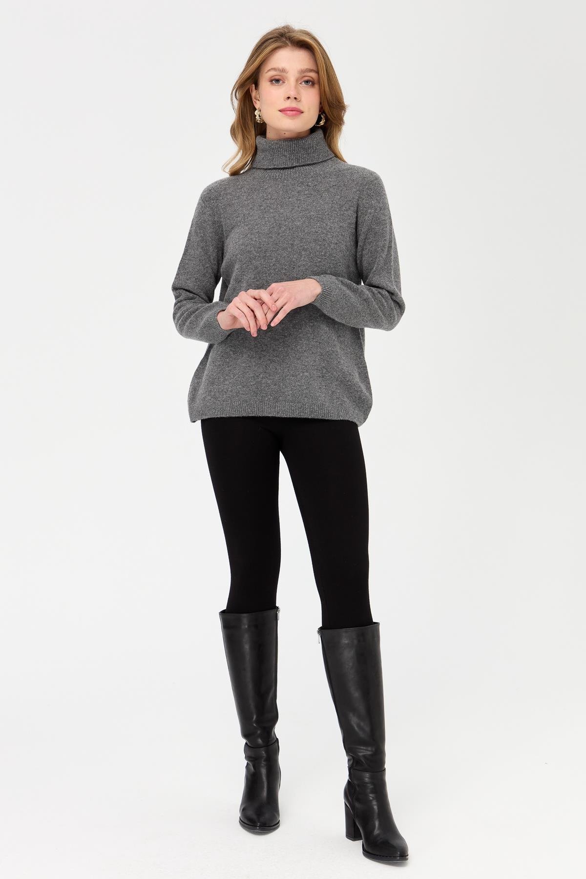 23164Kadın Tam Balıkçı Yaka Klasik Yün Kazak Füme