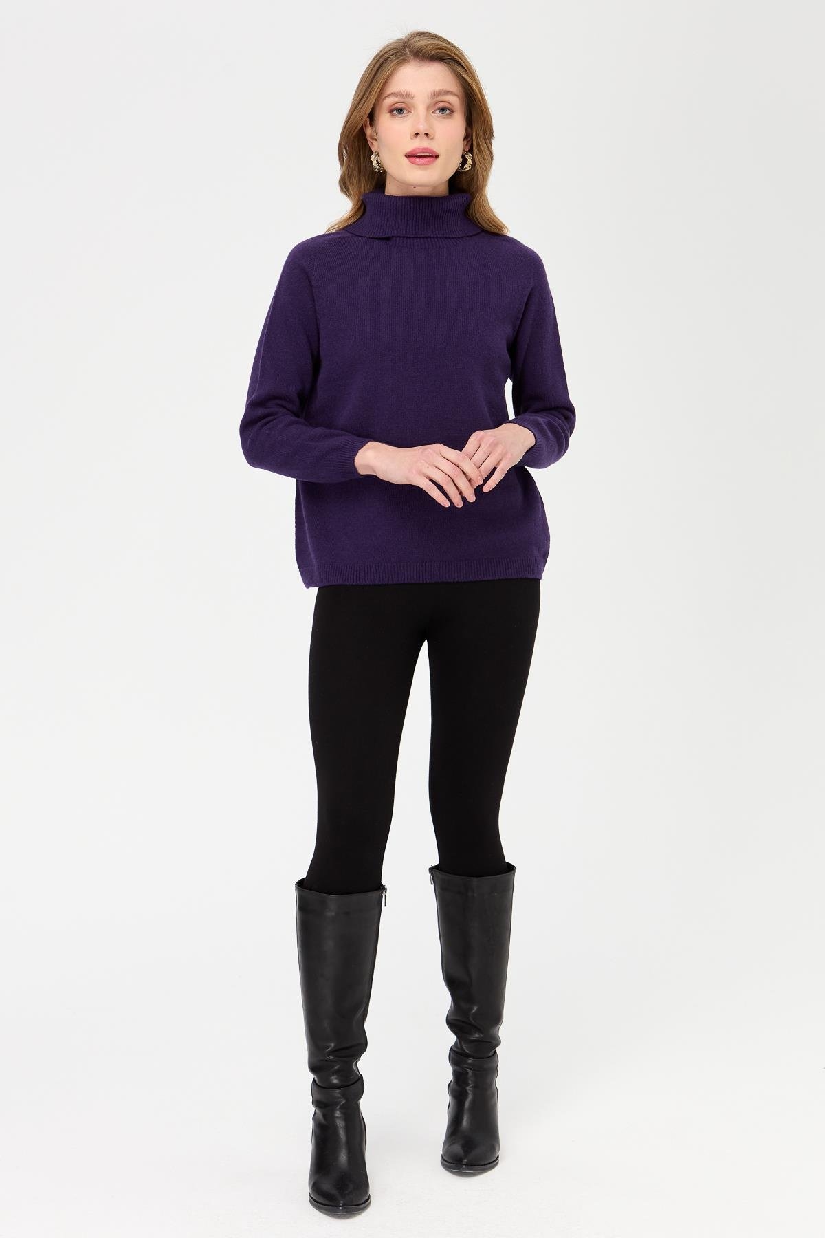 23164Kadın Tam Balıkçı Yaka Klasik Yün Kazak K.Mor