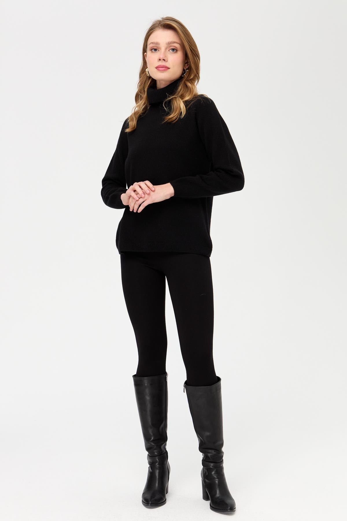 23164Kadın Tam Balıkçı Yaka Klasik Yün Kazak Siyah