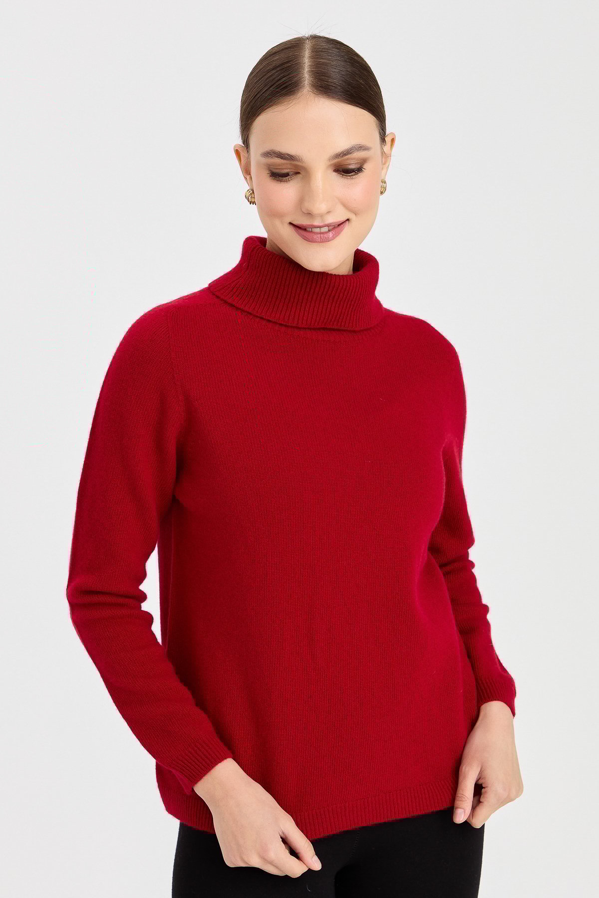 23164Kadın Tam Balıkçı Yaka Klasik Yün Kazak K.Kırmızı