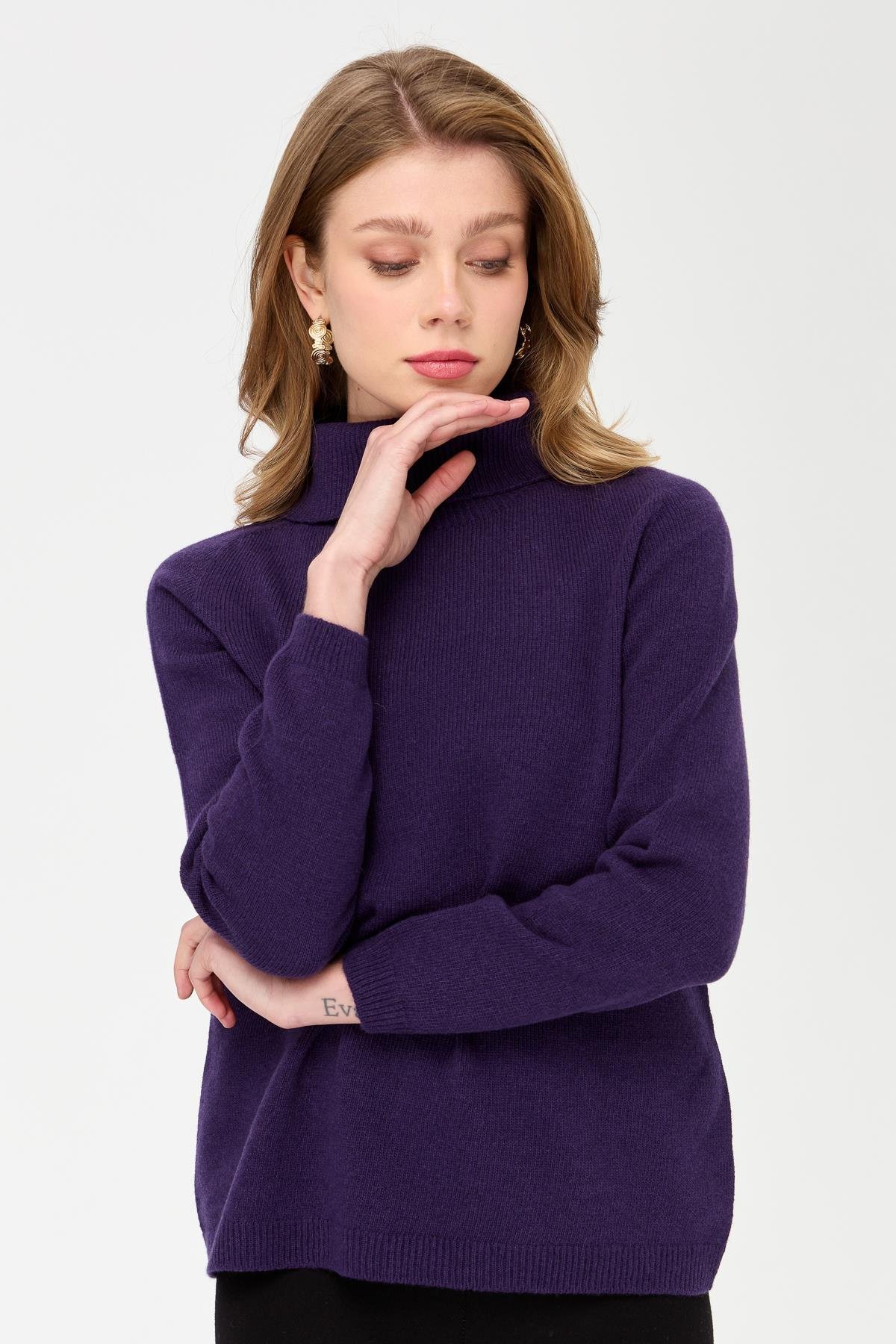 23164Kadın Tam Balıkçı Yaka Klasik Yün Kazak K.Mor