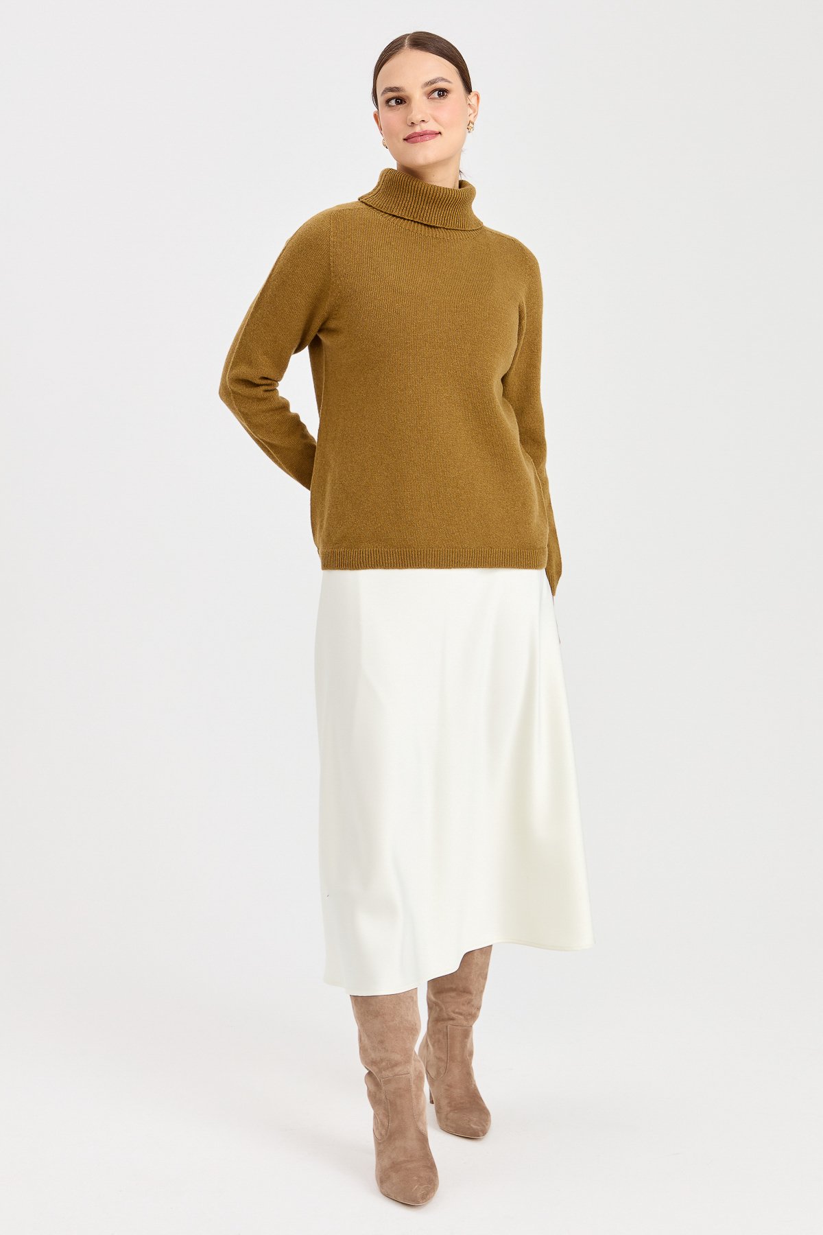 23164Kadın Tam Balıkçı Yaka Klasik Yün Kazak O.Haki