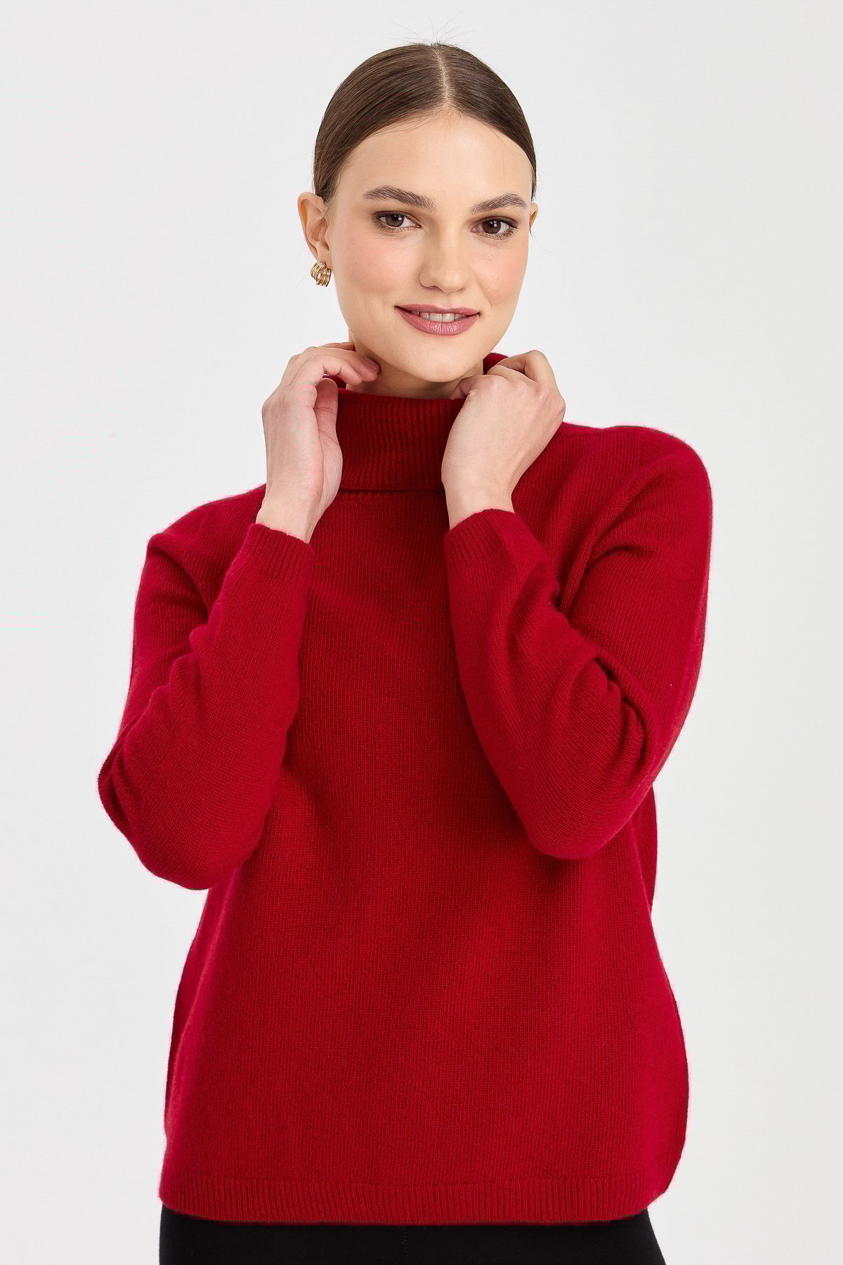 23164Kadın Tam Balıkçı Yaka Klasik Yün Kazak K.Kırmızı