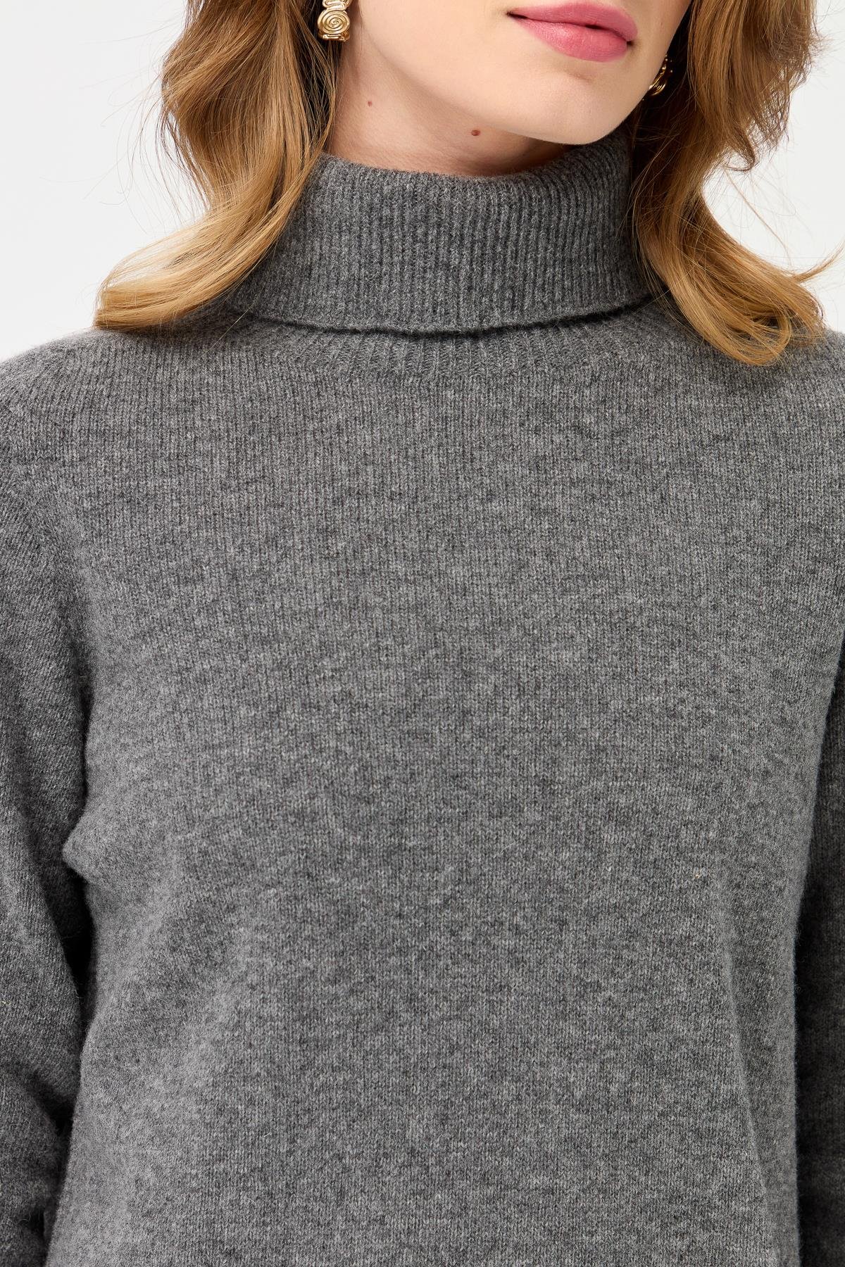 23164Kadın Tam Balıkçı Yaka Klasik Yün Kazak Füme