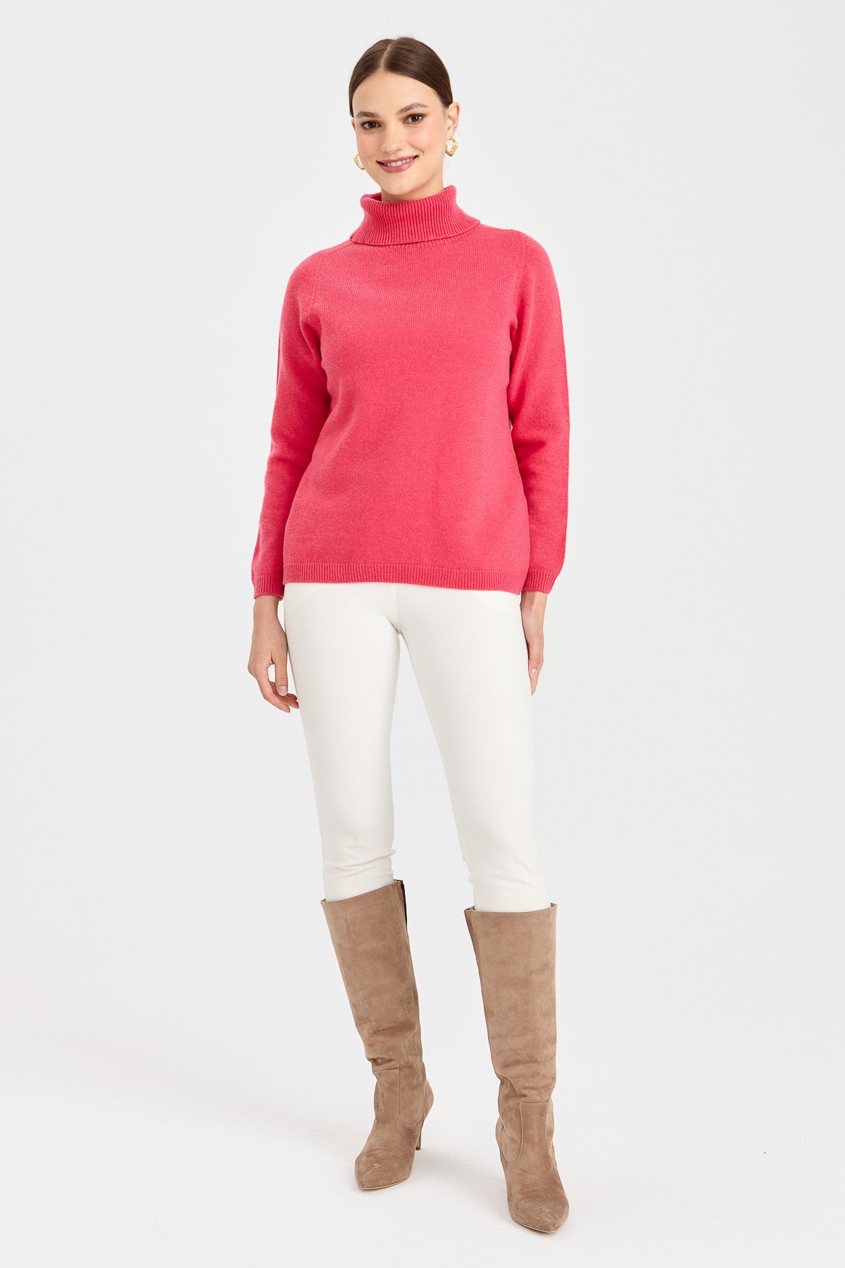 23164Kadın Tam Balıkçı Yaka Klasik Yün Kazak Y.Ş.Pembe