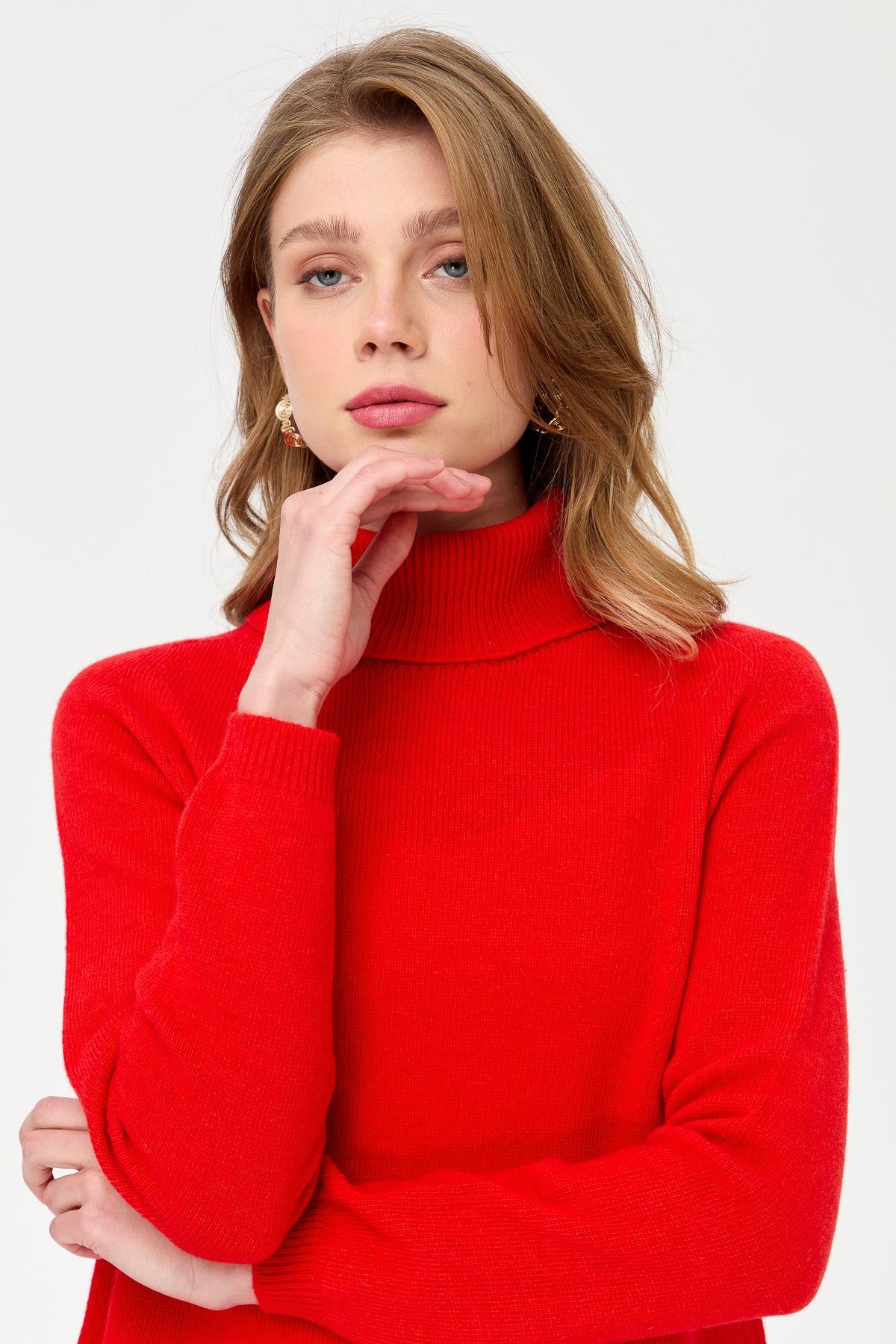 23164Kadın Tam Balıkçı Yaka Klasik Yün Kazak Mercan