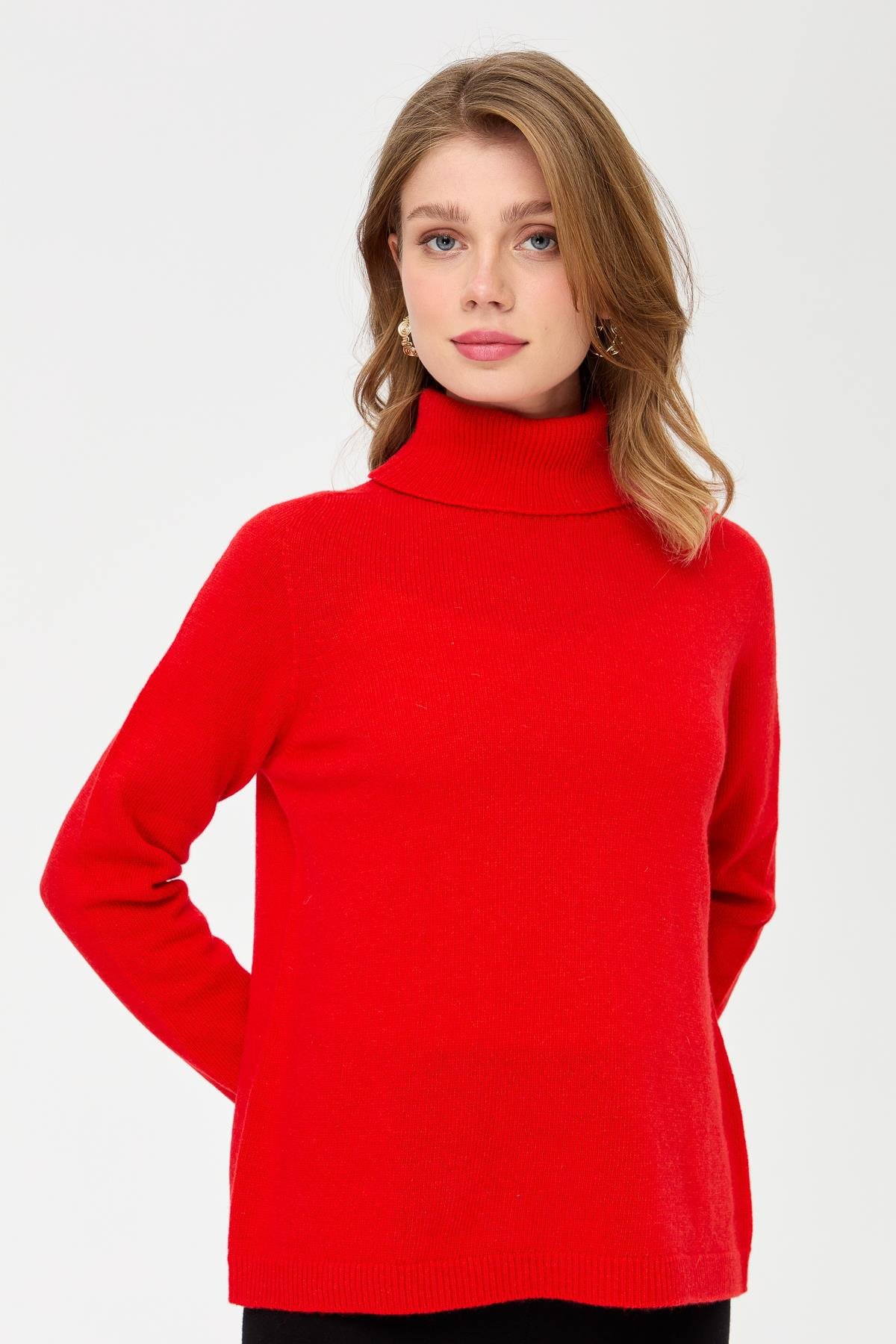 23164Kadın Tam Balıkçı Yaka Klasik Yün Kazak Mercan