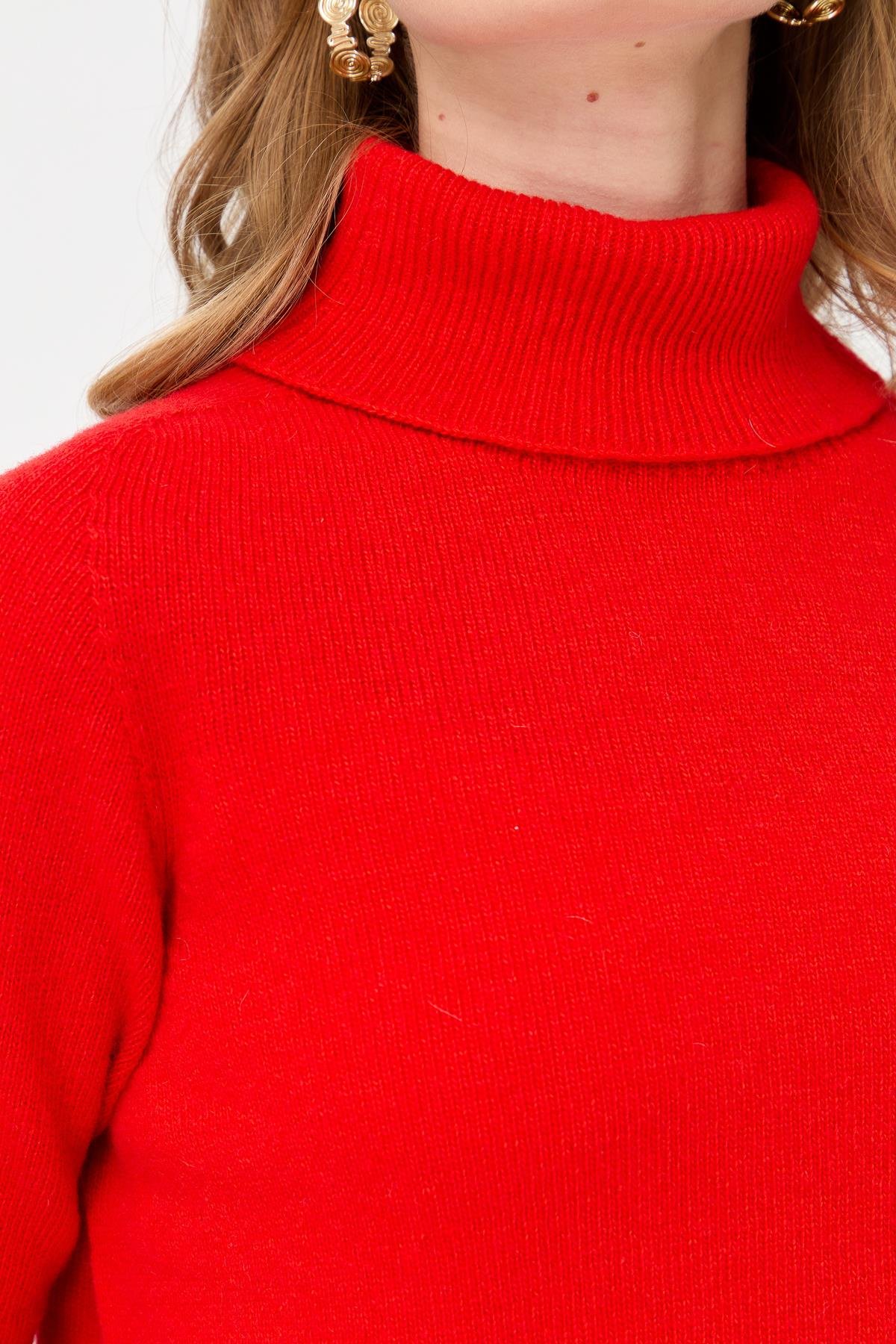 23164Kadın Tam Balıkçı Yaka Klasik Yün Kazak Mercan