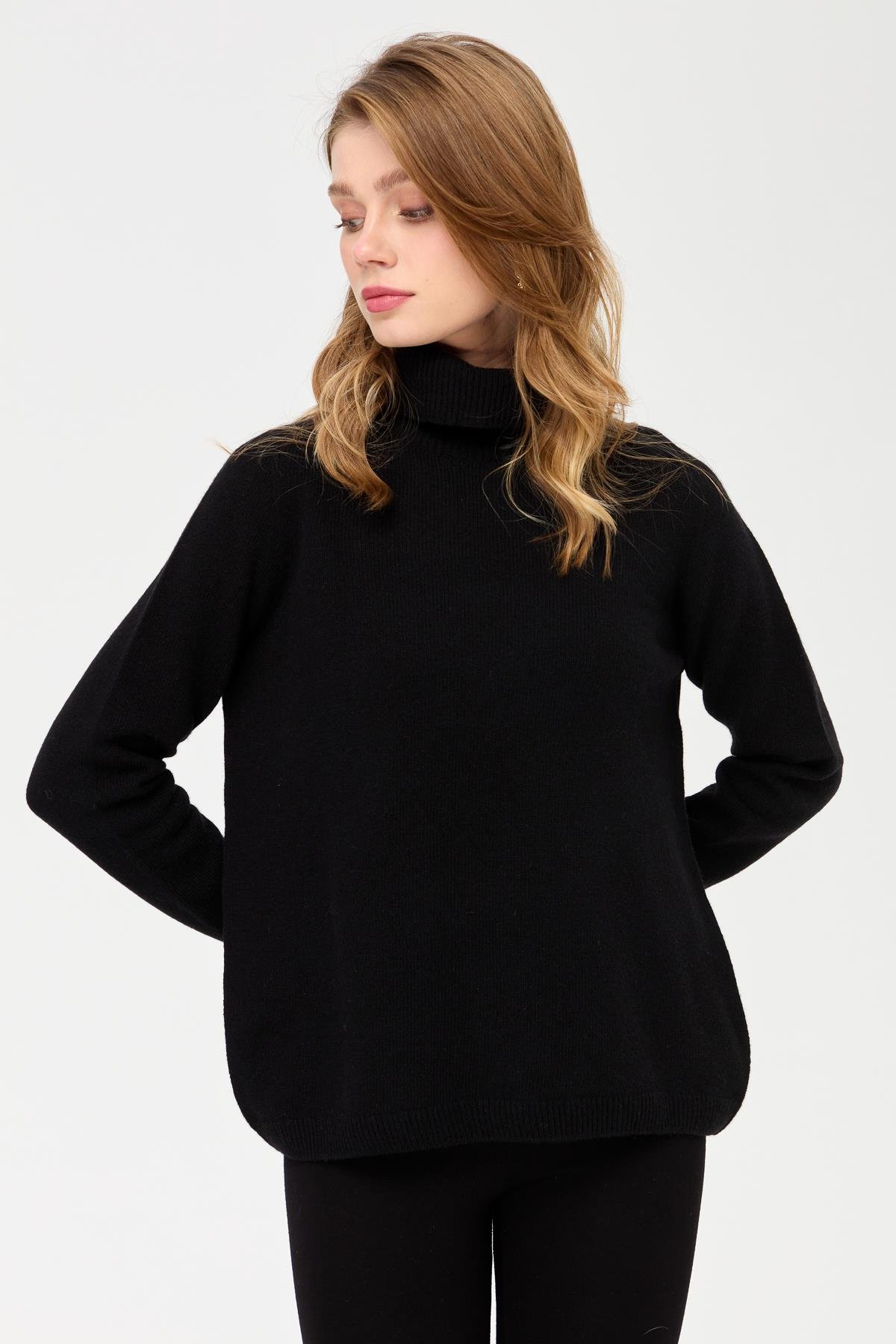 23164Kadın Tam Balıkçı Yaka Klasik Yün Kazak Siyah