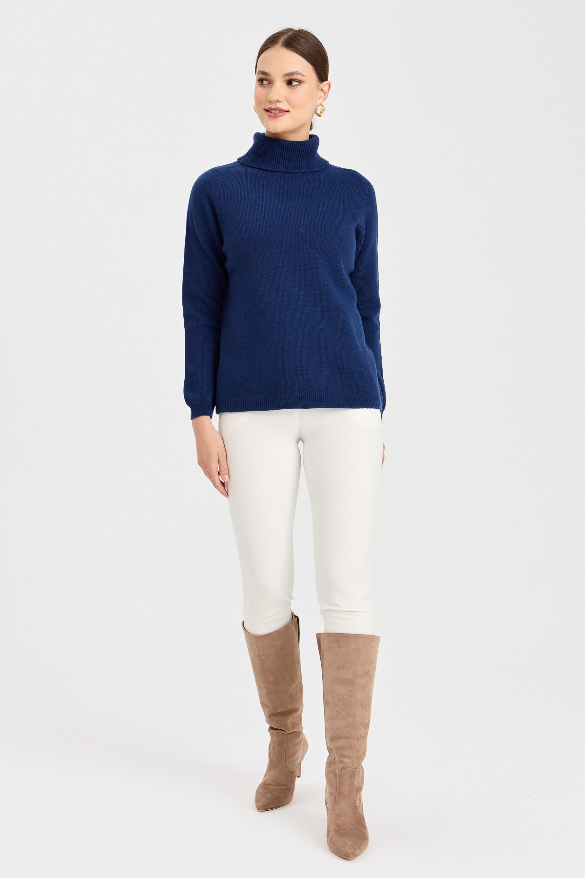 23164Kadın Tam Balıkçı Yaka Klasik Yün Kazak İndigo