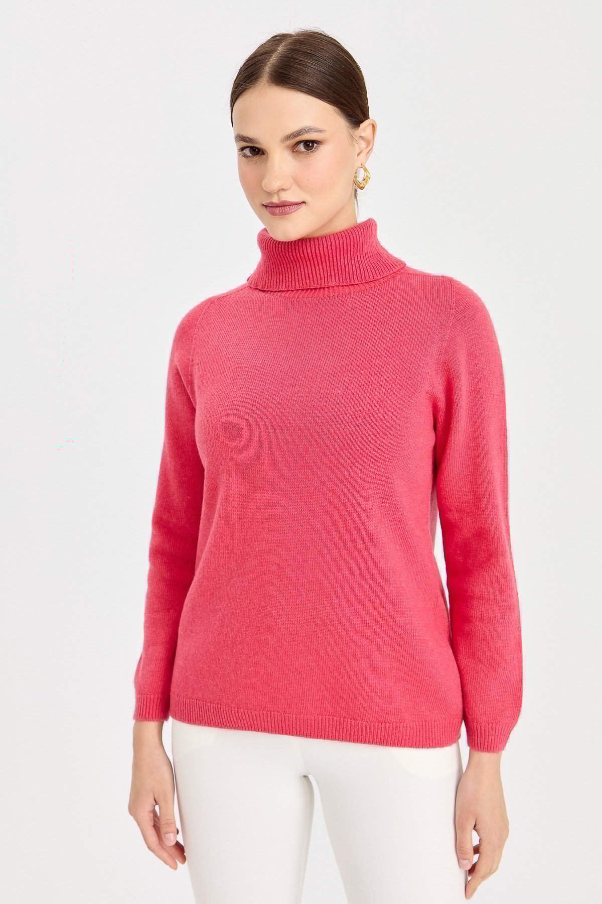 23164Kadın Tam Balıkçı Yaka Klasik Yün Kazak Y.Ş.Pembe