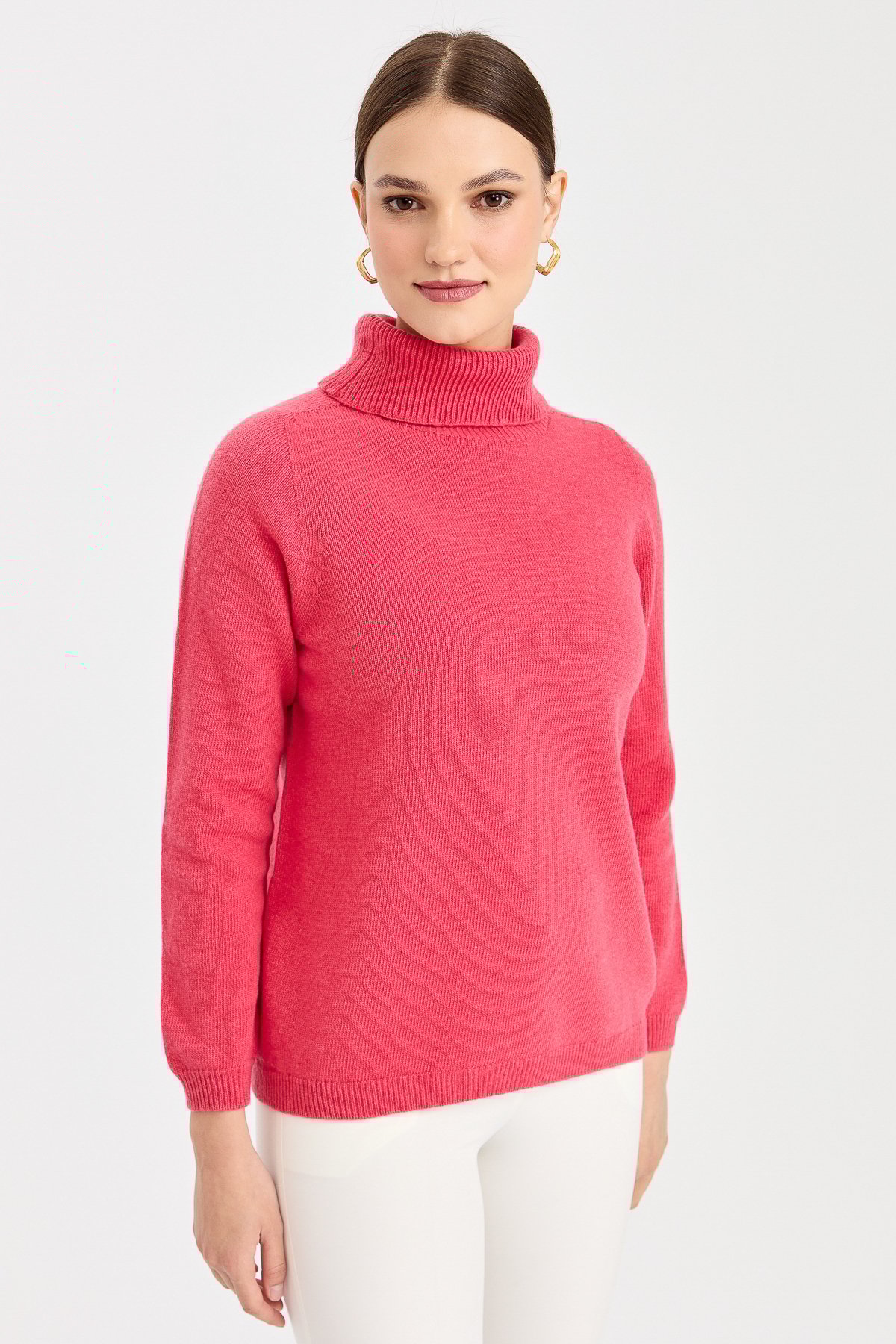 23164Kadın Tam Balıkçı Yaka Klasik Yün Kazak Y.Ş.Pembe