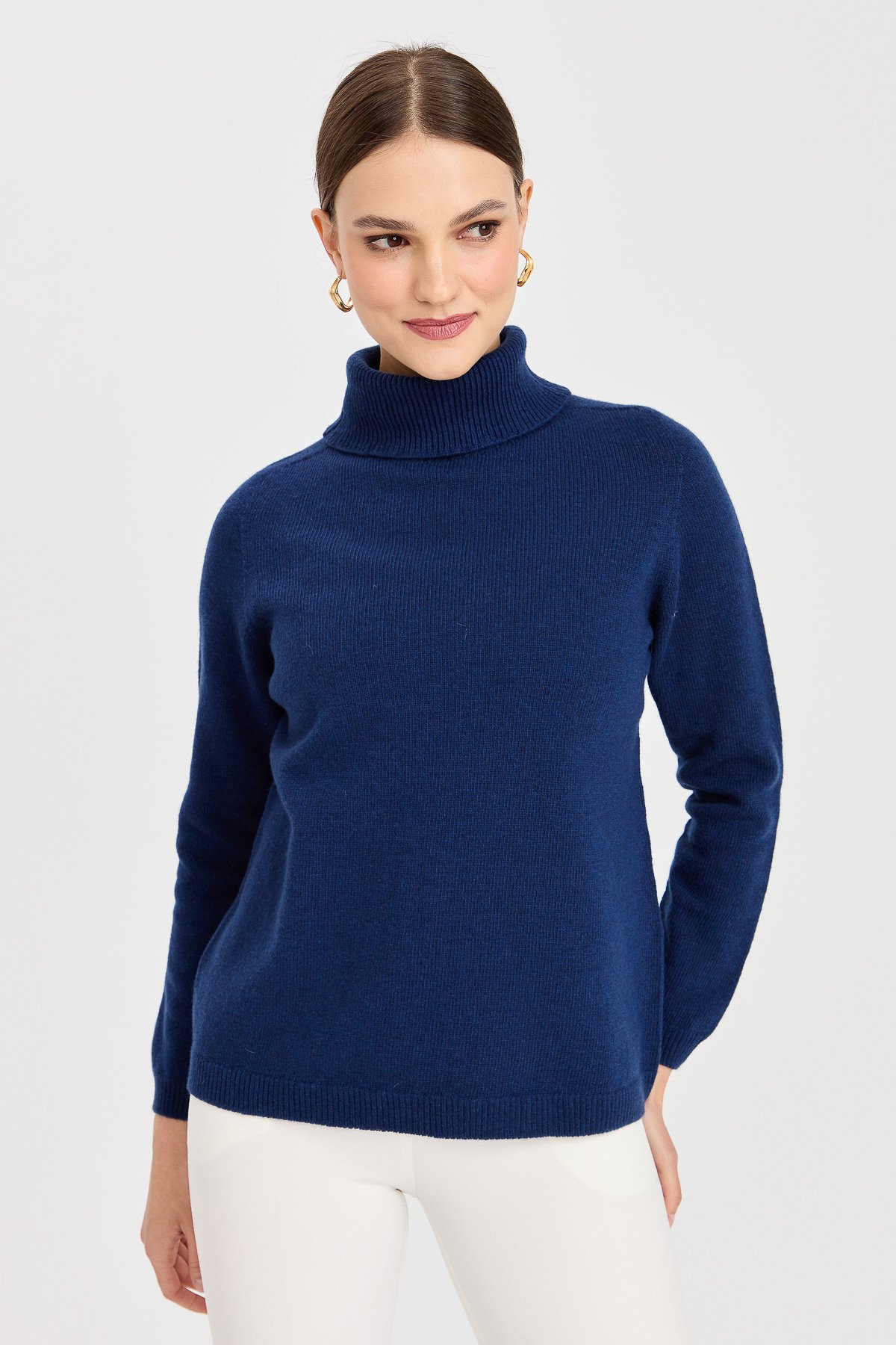 23164Kadın Tam Balıkçı Yaka Klasik Yün Kazak İndigo