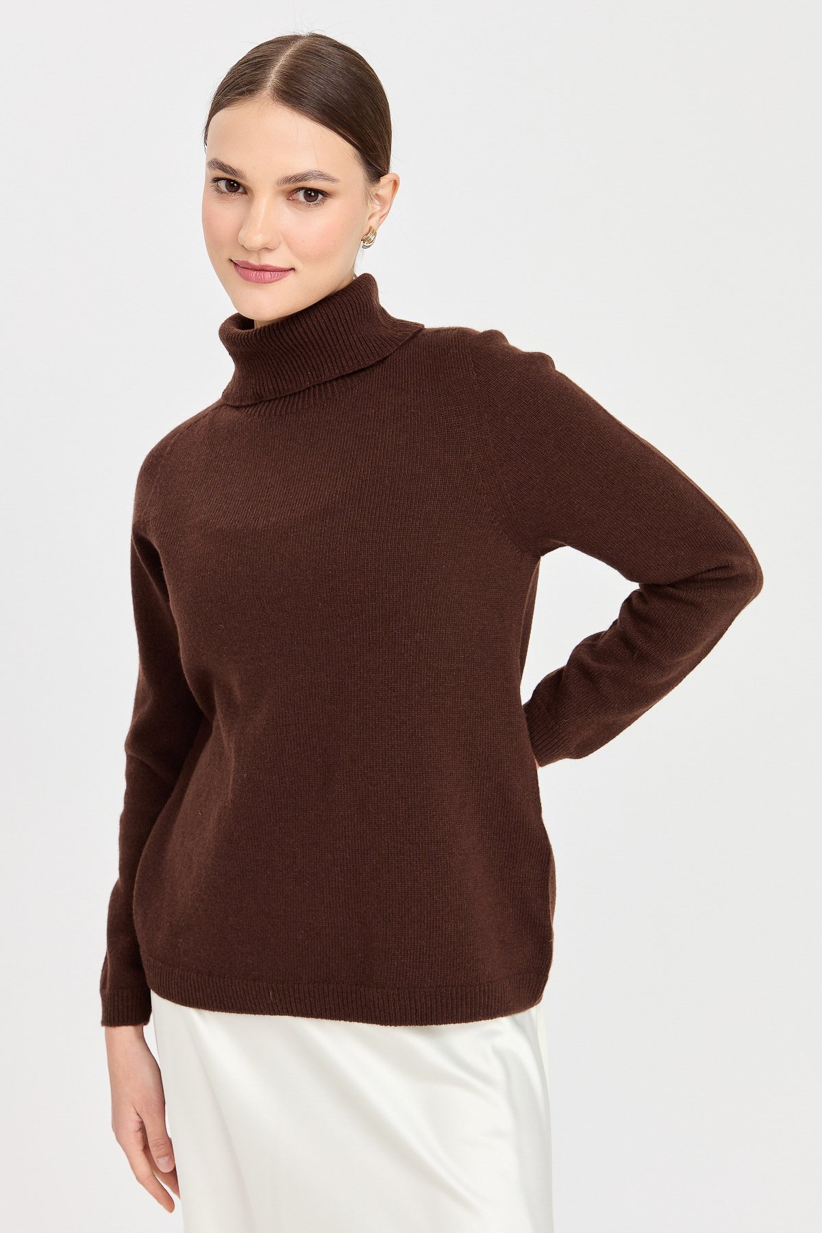 23164Kadın Tam Balıkçı Yaka Klasik Yün Kazak M.Kahve