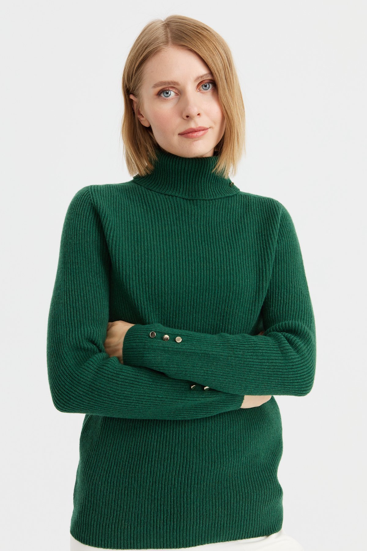 23159Kadın Tam Balıkçı Yaka Kol Ucu Düğmeli Yün Kazak A.Ö.Başı