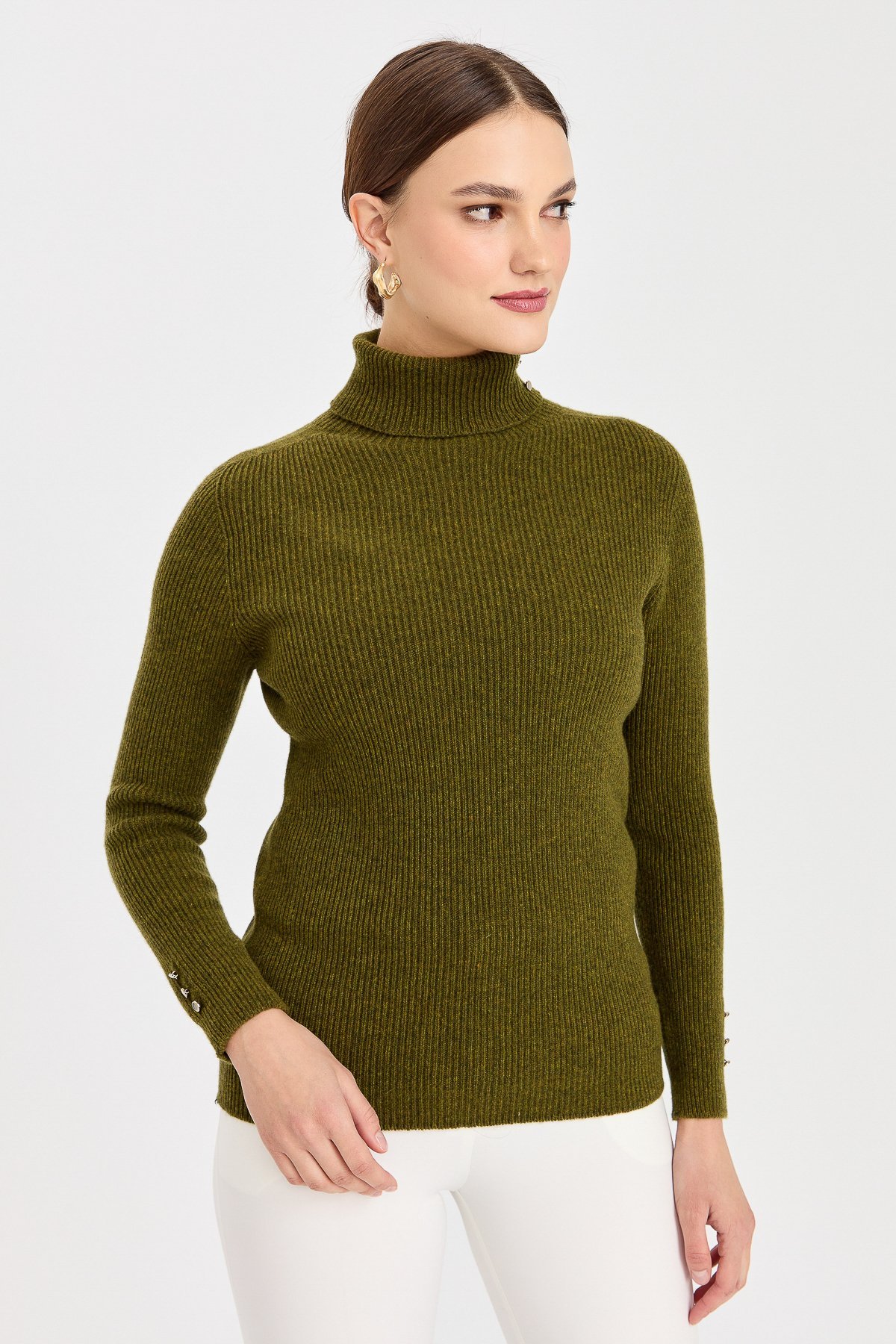 23159Kadın Tam Balıkçı Yaka Kol Ucu Düğmeli Yün Kazak A.K.Yeşili