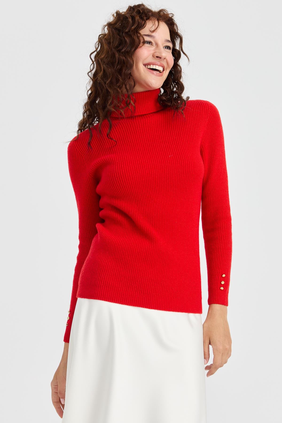 23159Kadın Tam Balıkçı Yaka Kol Ucu Düğmeli Yün Kazak Mercan